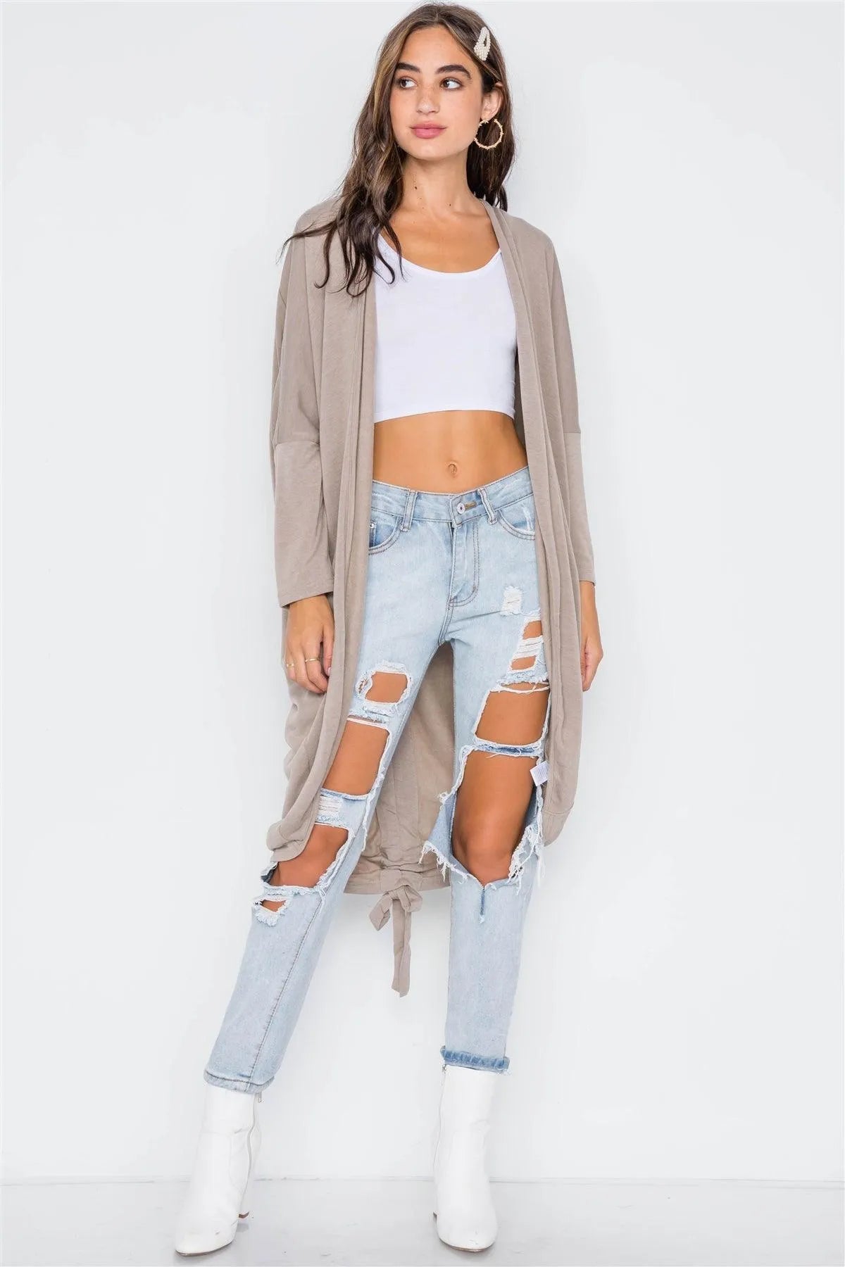 Stone Dolman Sleeves Circled Hem Cardigan / 4-2 - Tasha Apparel Wholesale