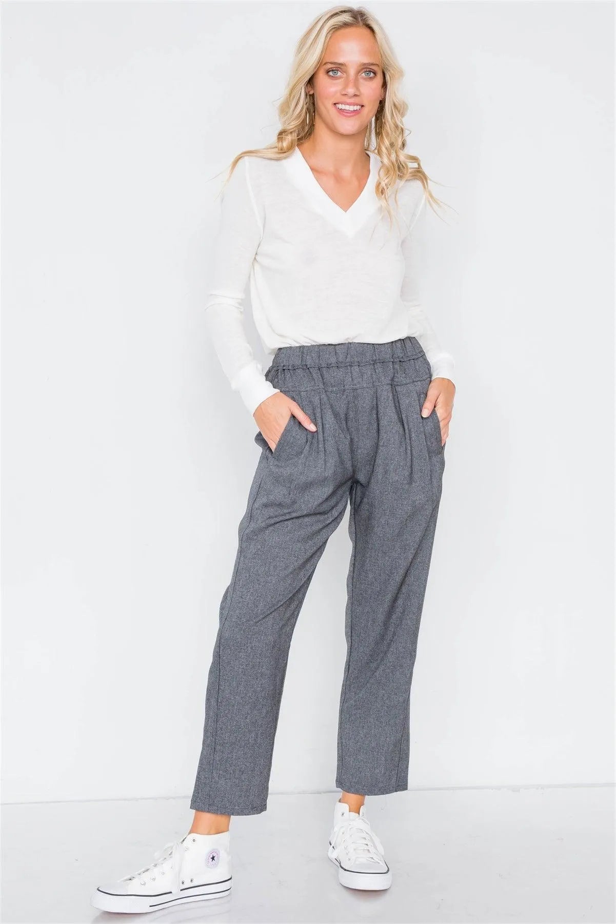 Charcoal High Waist Pleated Cinched Stretchy Pant /3-2-1 - Tasha Apparel Wholesale