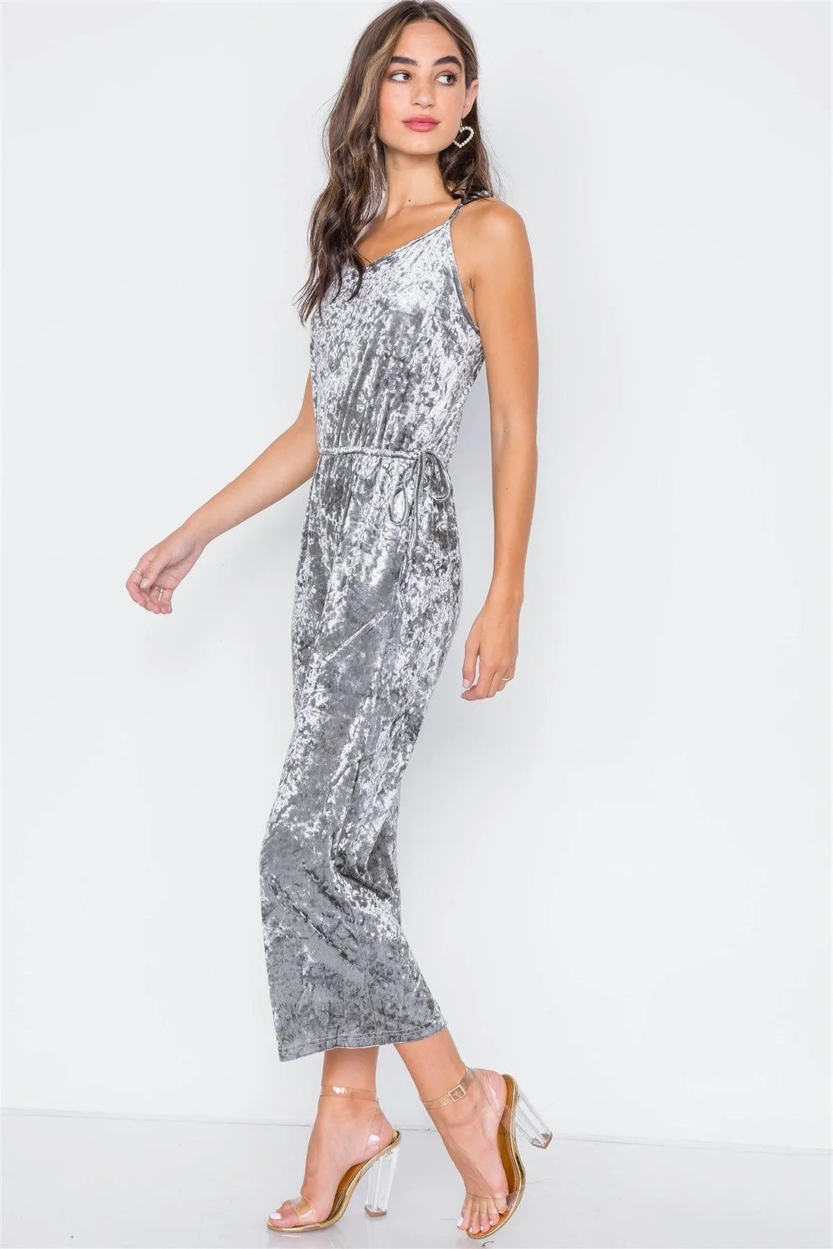 Moon Dust Crushed Velvet V-neck Wide Leg Jumpsuit / 3-2-1 - Tasha Apparel Wholesale