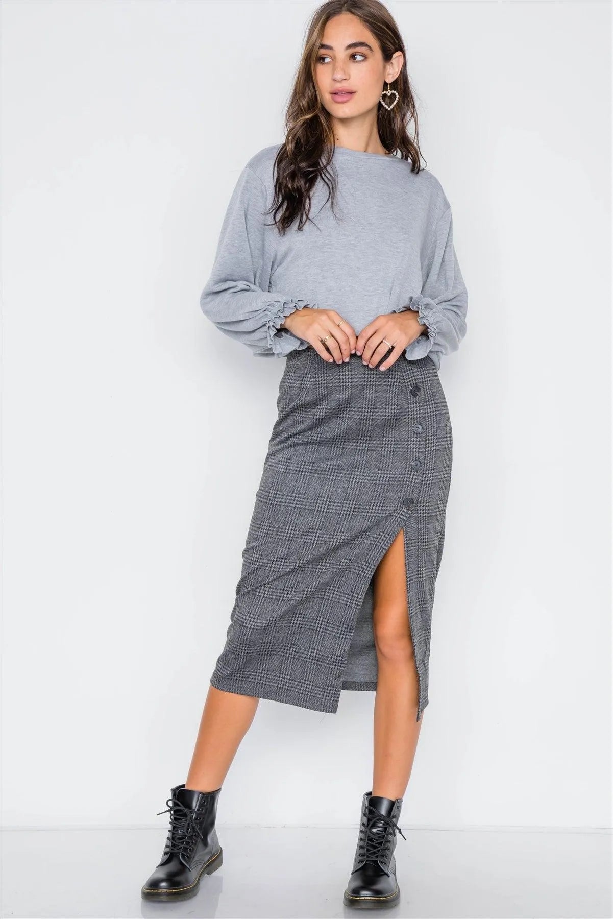 Heather Grey Ruffle Cuffs Crop Sweater Top / 3-2-1 - Tasha Apparel Wholesale