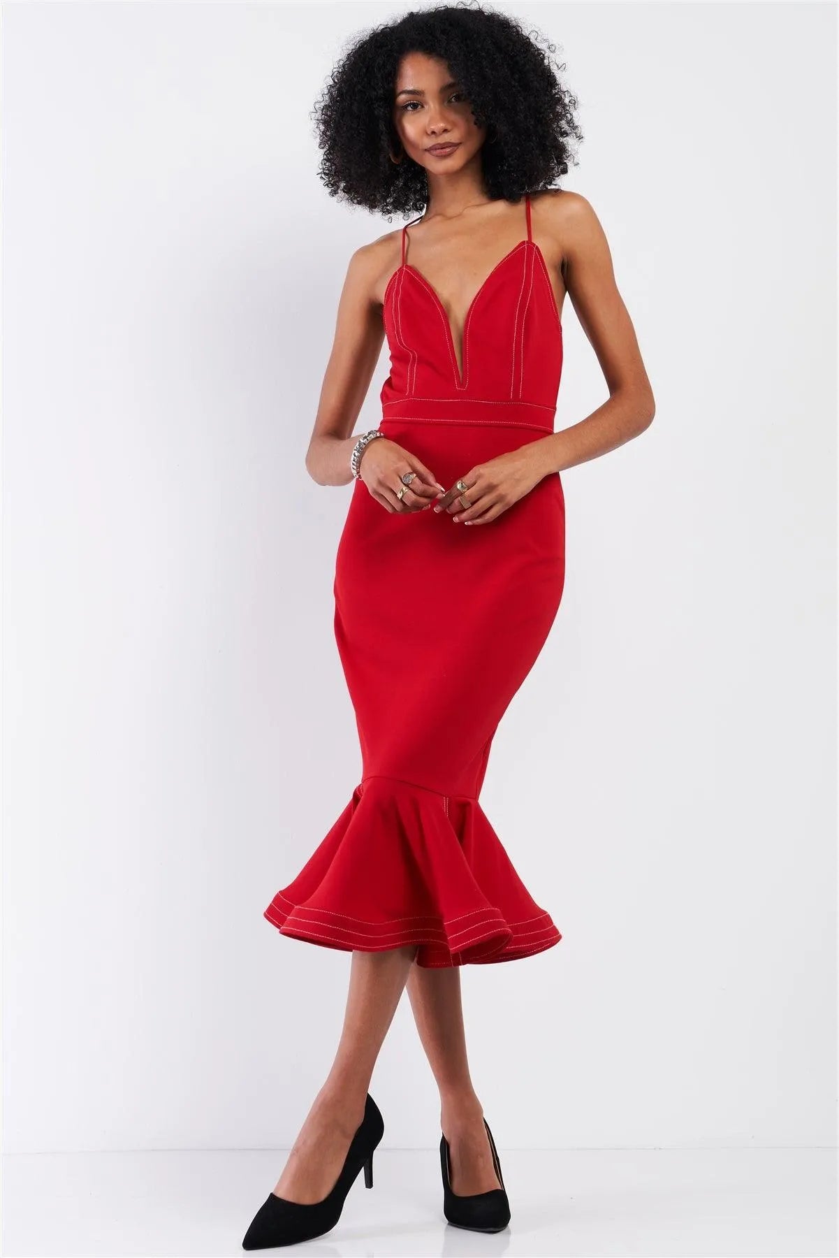 Red Sleeveless Deep V-Neck Mermaid Tail Flare Hem Midi Dress /3-2-1 Red Sleeveless Deep V-Neck Mermaid Tail Flare Hem Midi Dress /3-2-1