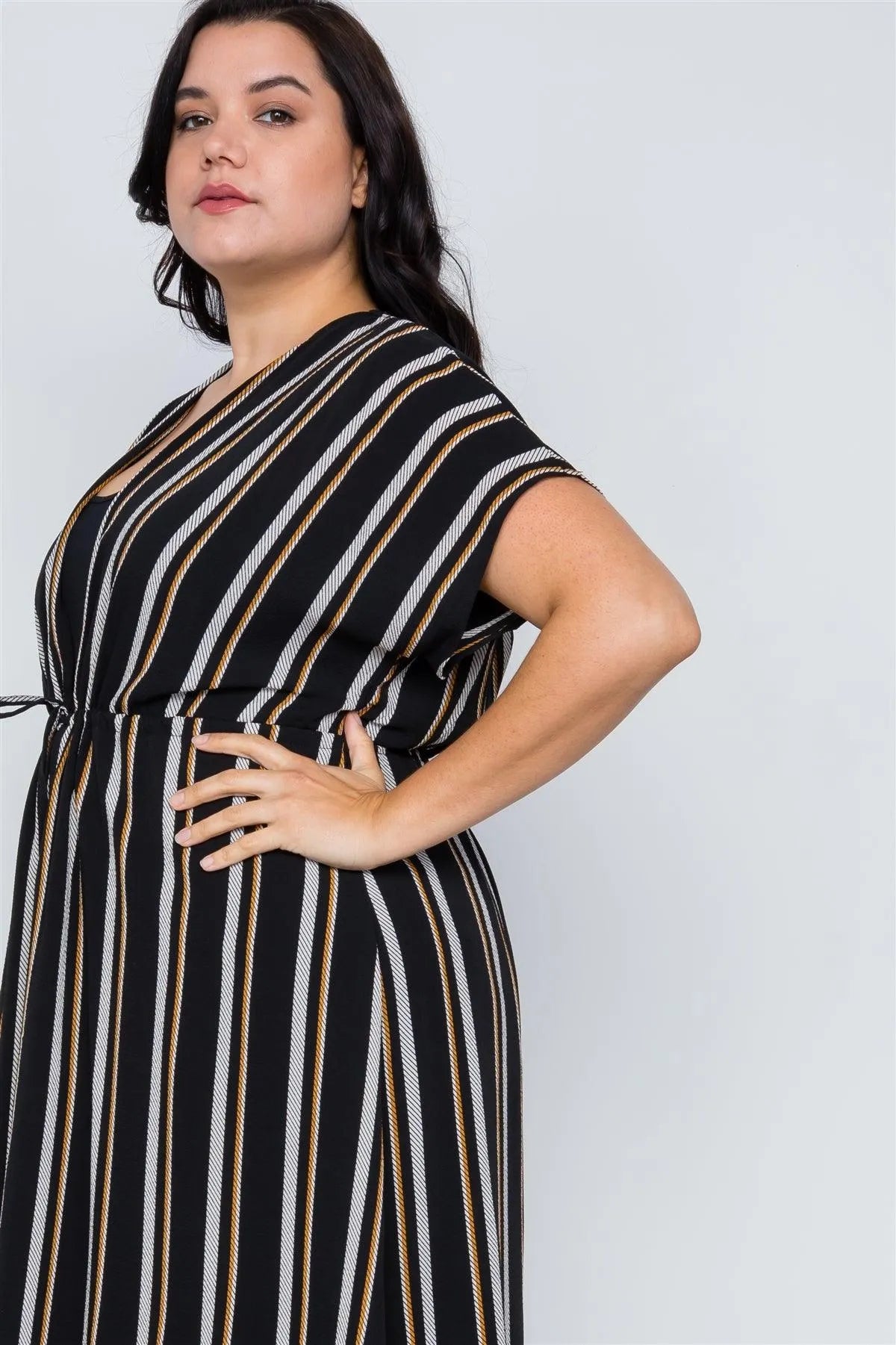 Plus Size Black Multi Stripe Kimono Cover Up /2-2-2 - Tasha Apparel Wholesale
