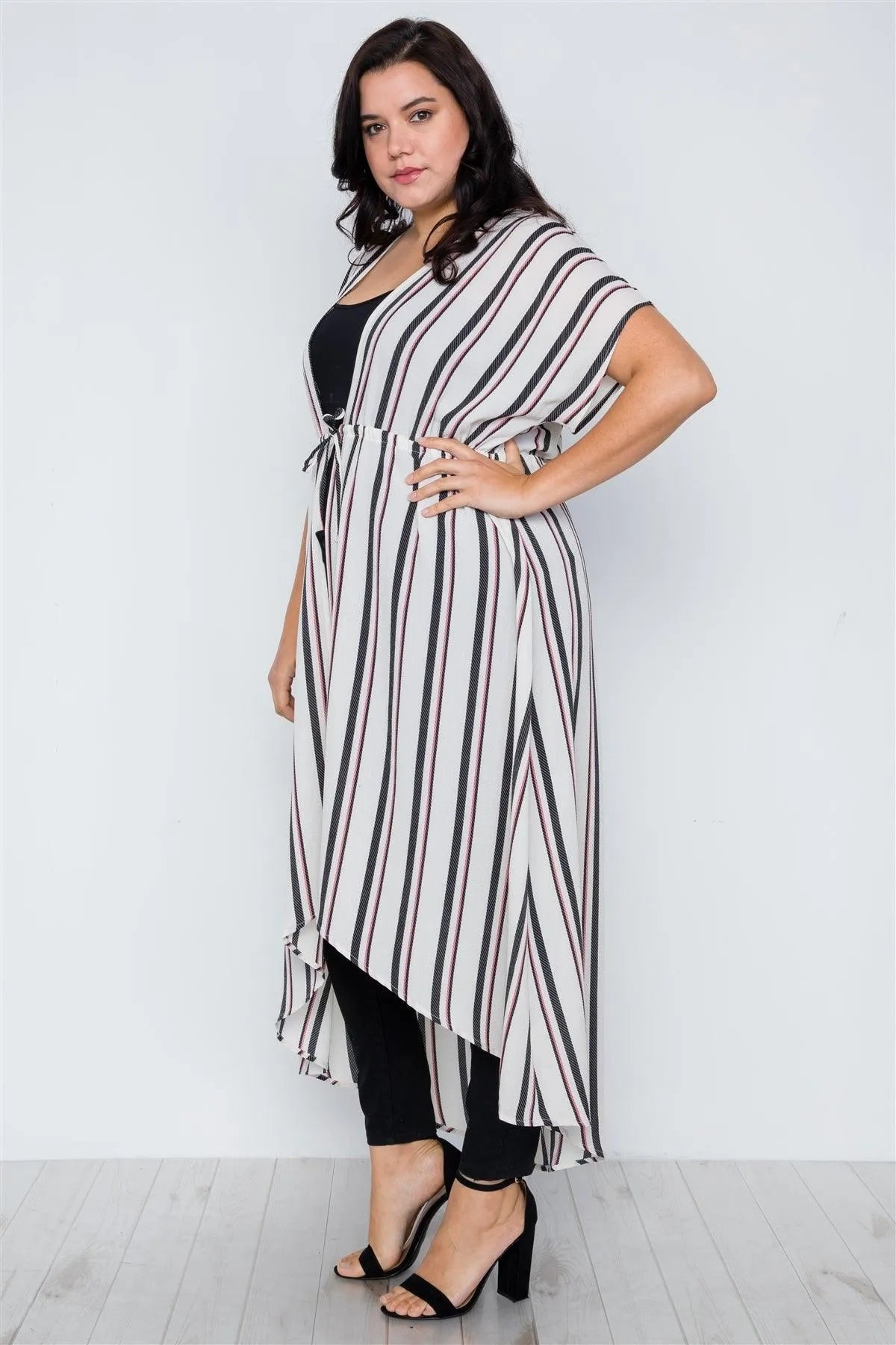Plus Size White Multi Stripe Kimono Cover Up - Tasha Apparel Wholesale