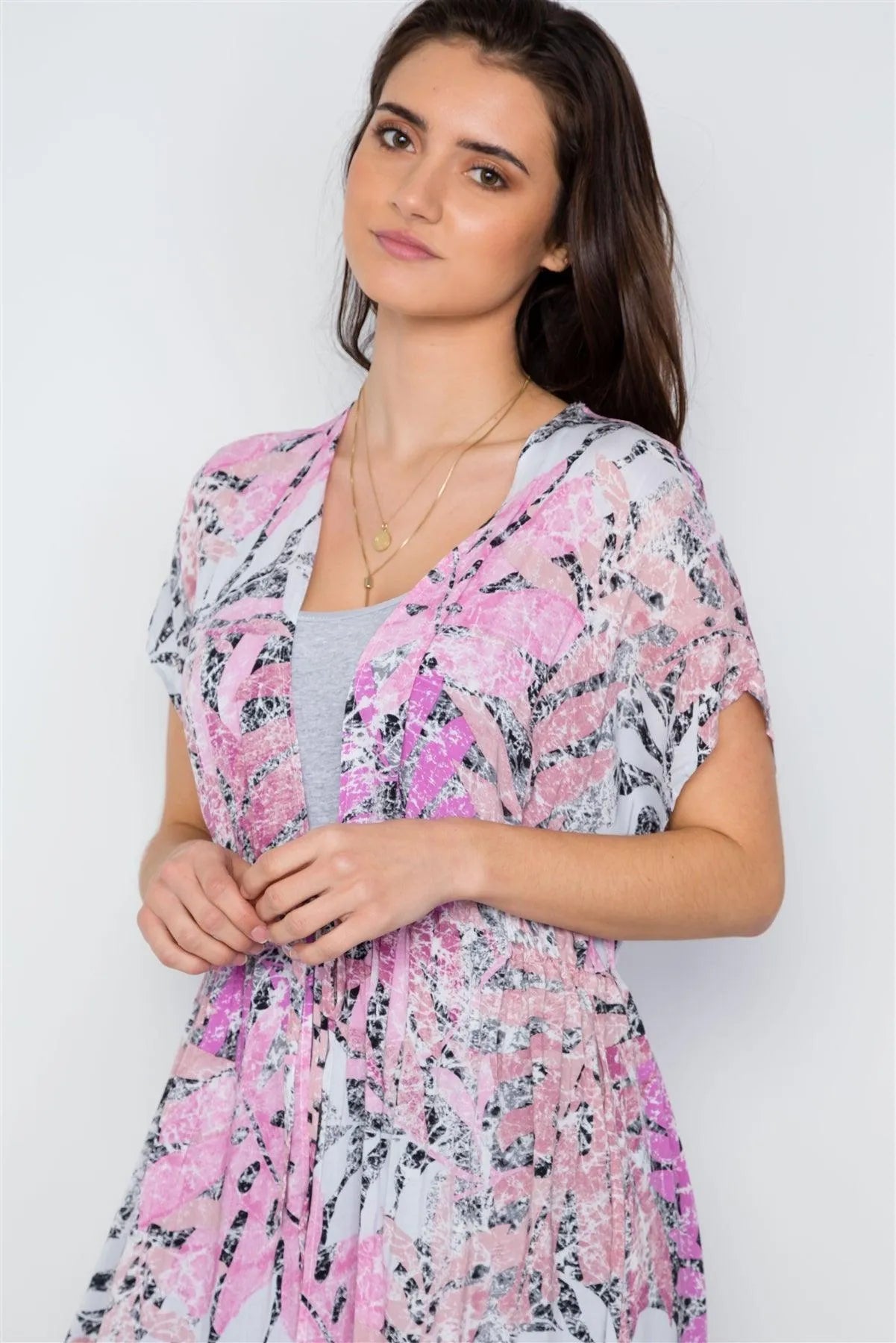 Pink Multi Color Floral Print Cover Up Cardigan / 2-2-2 - Tasha Apparel Wholesale