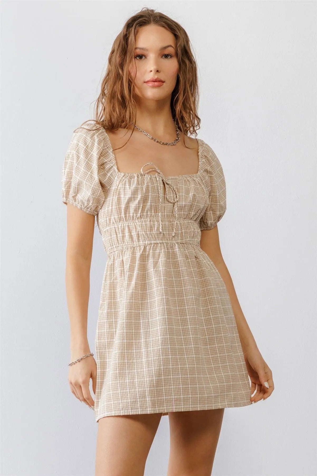 Taupe & White Plaid Cotton Puff Short Sleeve Mini Dress /2-2-2 - Tasha Apparel Wholesale