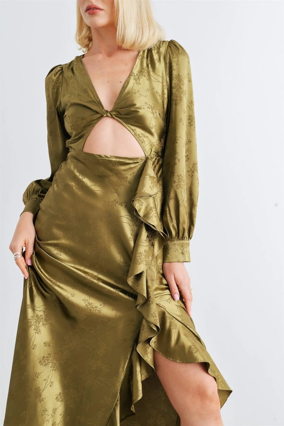 Olive Floral Satin Twist Cut-Out Long Sleeve Ruffle Midi Dress /1-2-2-1 - Tasha Apparel Wholesale