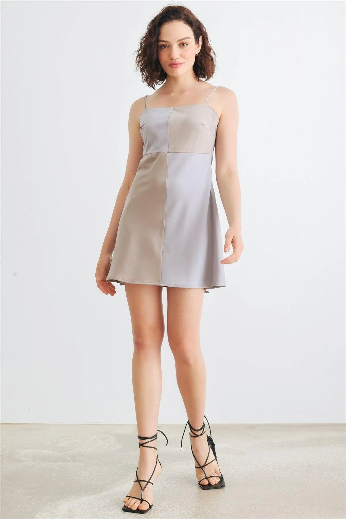 Stone Colorblock Satin Strappy Mini Dress /1-2-2-1 - Tasha Apparel Wholesale