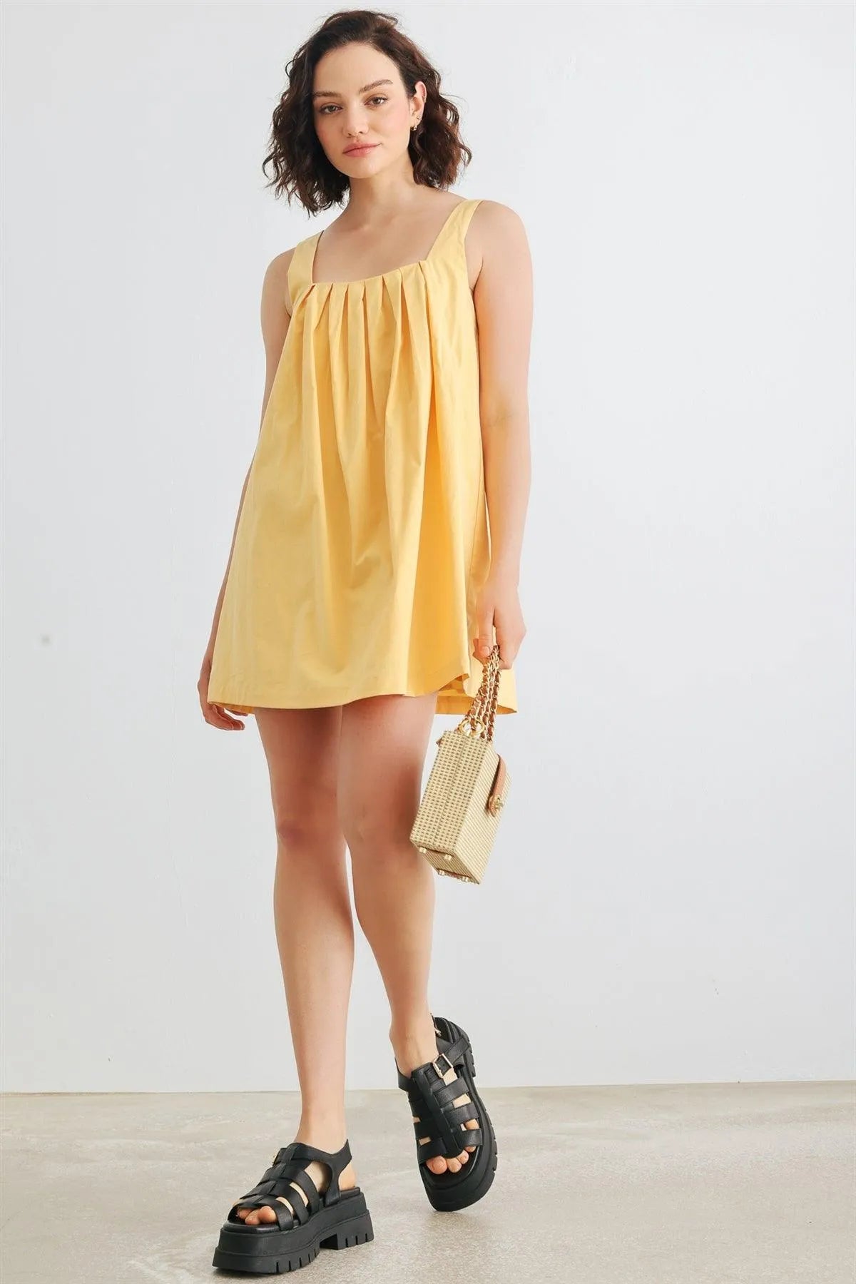 Dusty Yellow Cotton Sleeveless Mini Dress /1-2-2-1 - Tasha Apparel Wholesale