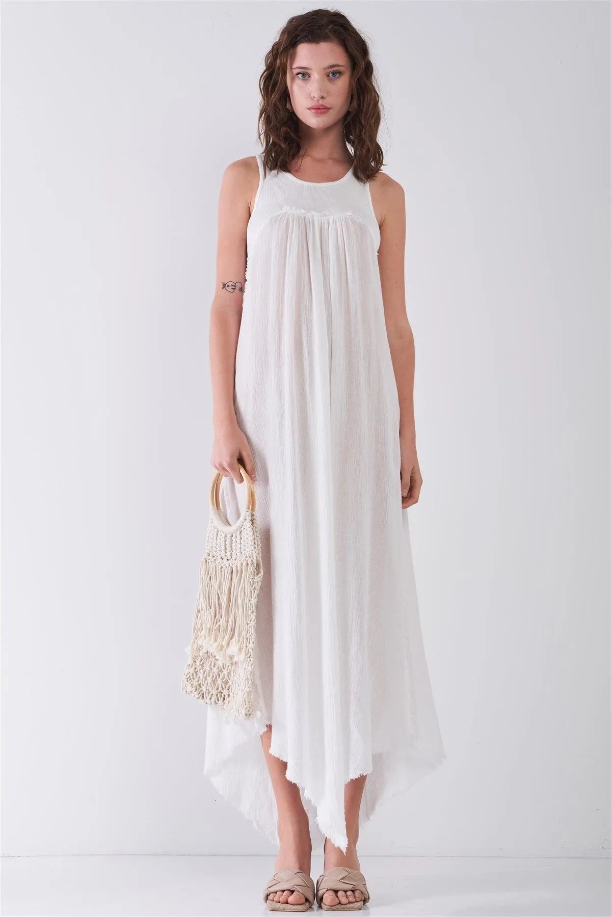 White Sleeveless Round Neck Asymmetrical Raw Hem Yoke Maxi Dress /3-2-1 - Tasha Apparel Wholesale