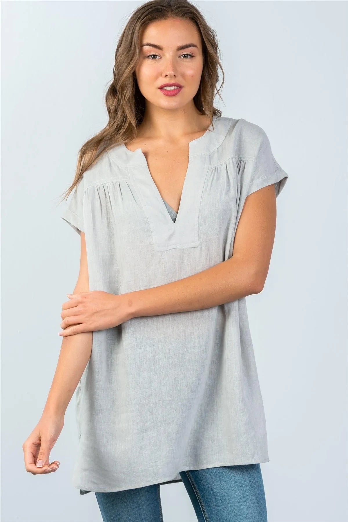 Cement V-Neck Drop Shoulder Oversized Tunic Top /3-2-1 - Tasha Apparel Wholesale