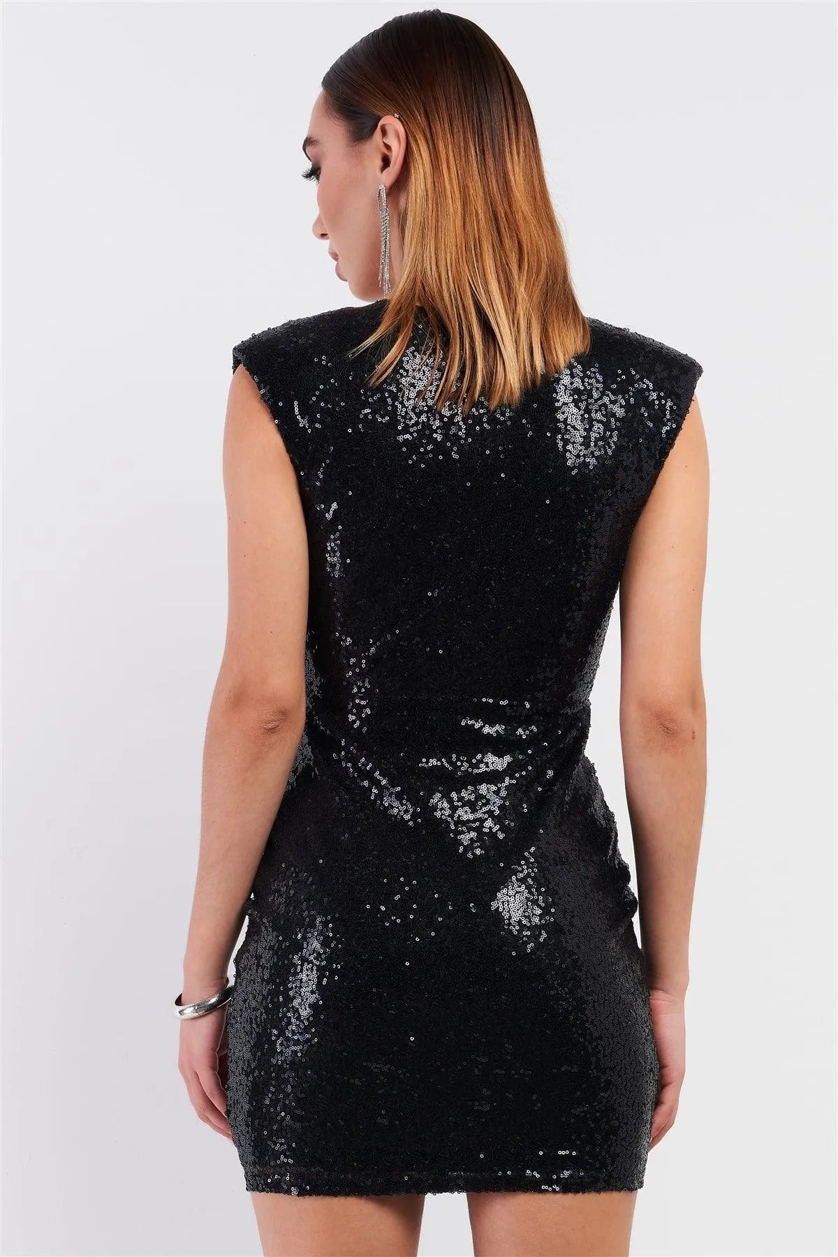 Black Sequin Sleeveless Deep Plunge V-Neck Front Zip-Up Detail Mini Dress /3-2-1 - Tasha Apparel Wholesale