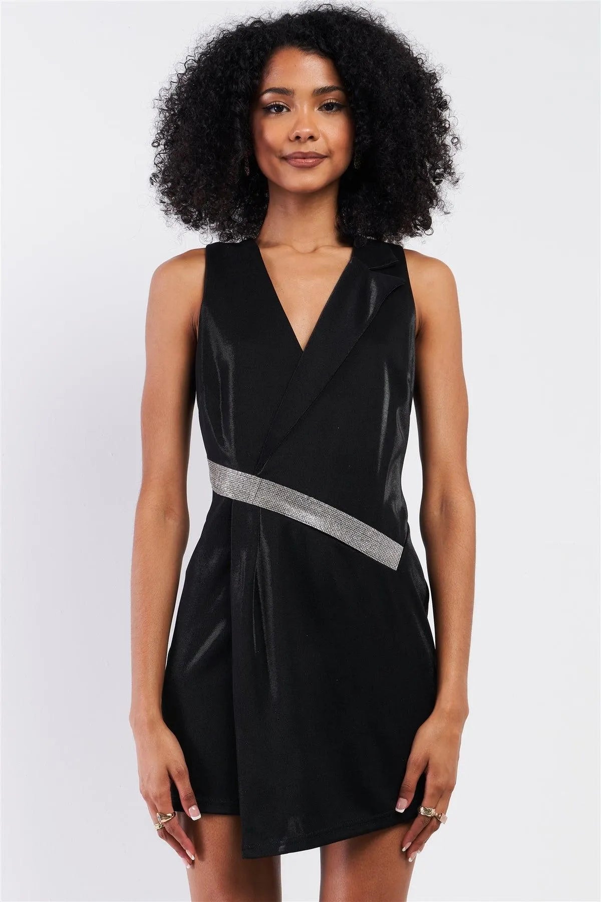 Black Sleeveless V-Neck Asymmetrical Wrap Rhinestones Detail Fitted Mini Blazer Dress /3-2-1 Black Sleeveless V-Neck Asymmetrical Wrap Rhinestones Detail Fitted Mini Blazer Dress /3-2-1