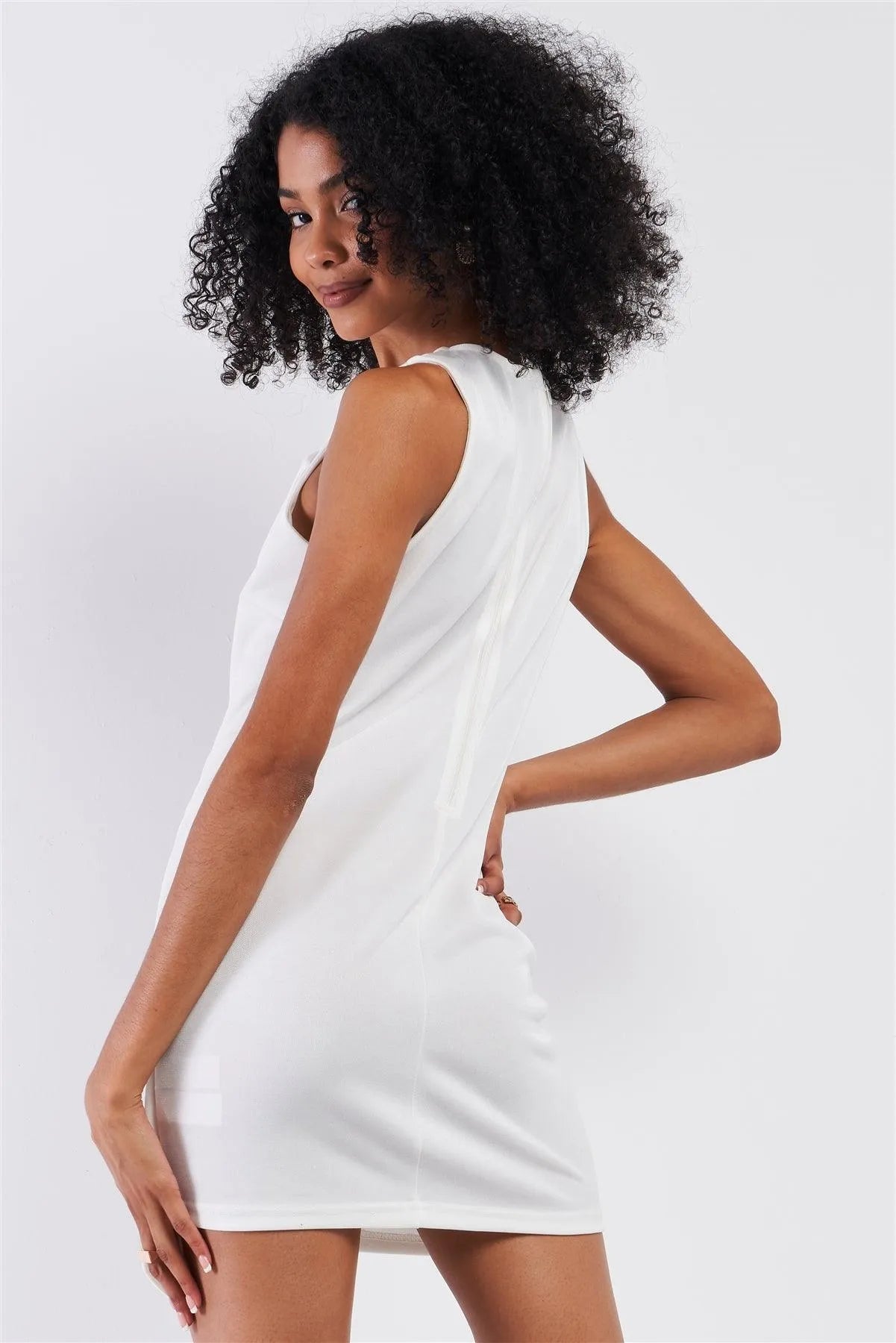 Ivory Sleeveless V-Neck Asymmetrical Wrap Rhinestones Detail Fitted Mini Blazer Dress /3-2-1 - Tasha Apparel Wholesale