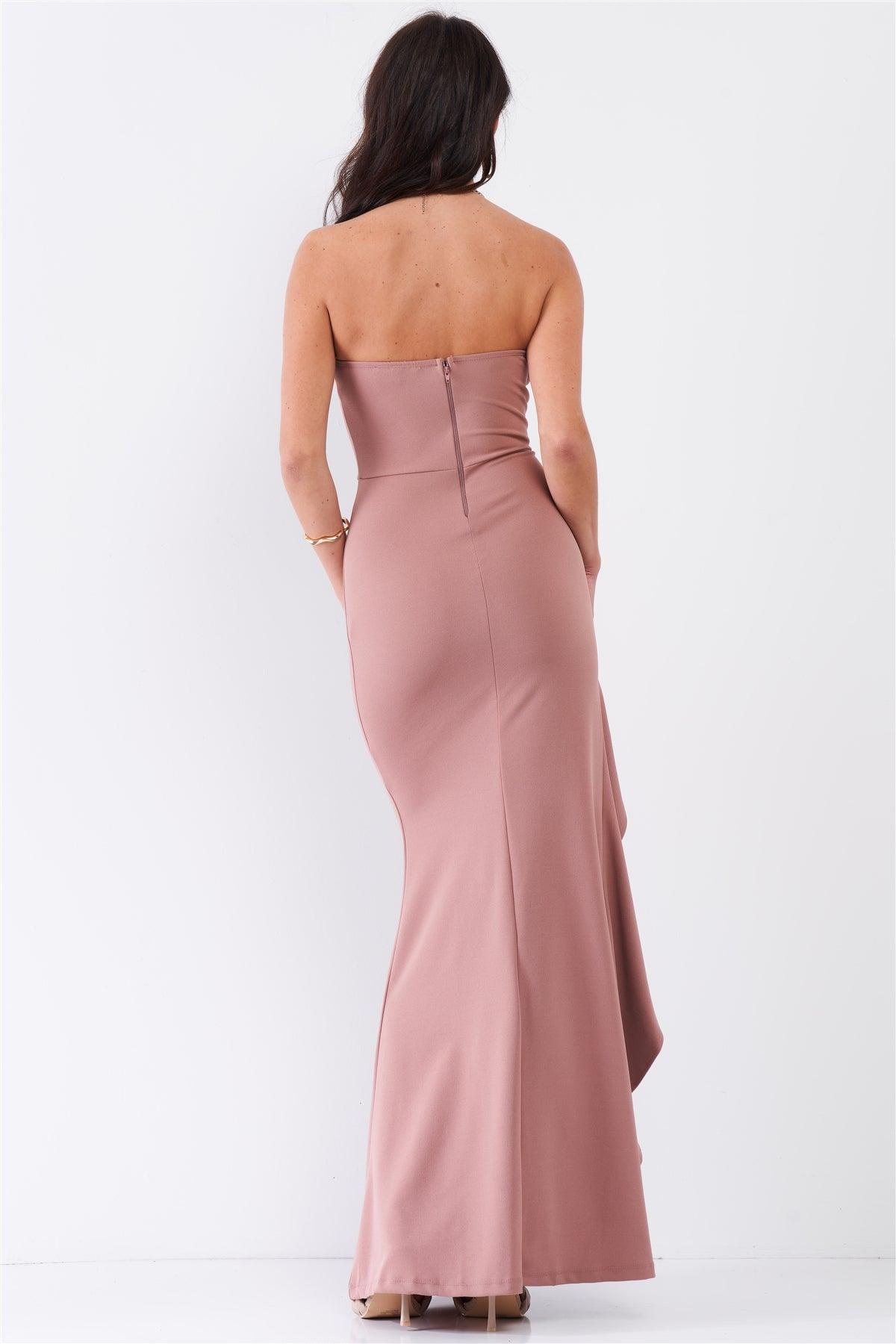 Rose Chocolate Sleeveless Plunging Sweetheart Neckline Ruffle Trim Front Slit Detail Fitted Maxi Dress