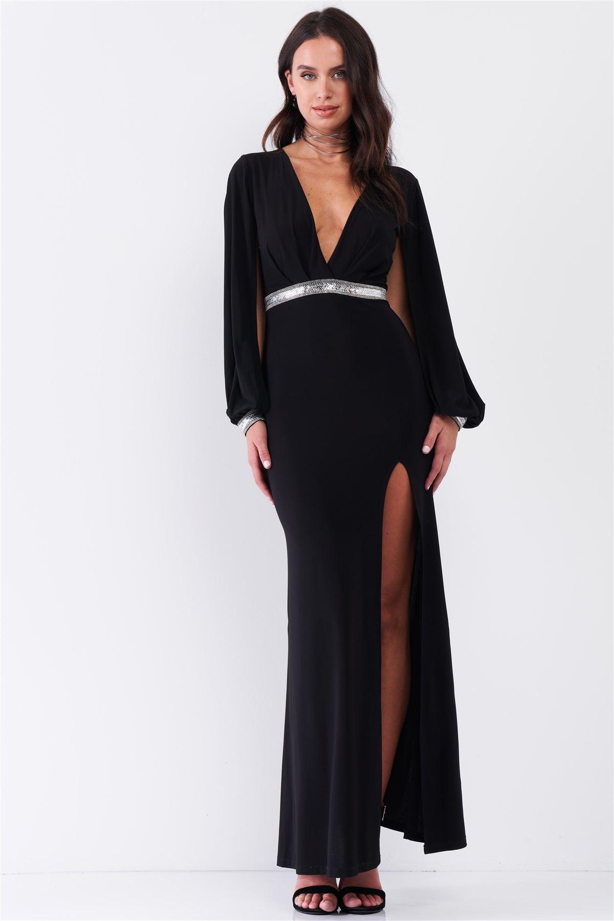 Black Deep Plunged V-Neck Long Slit Sleeve Rhinestone Decorated Waist And Wrist Side Slit Maxi Dress