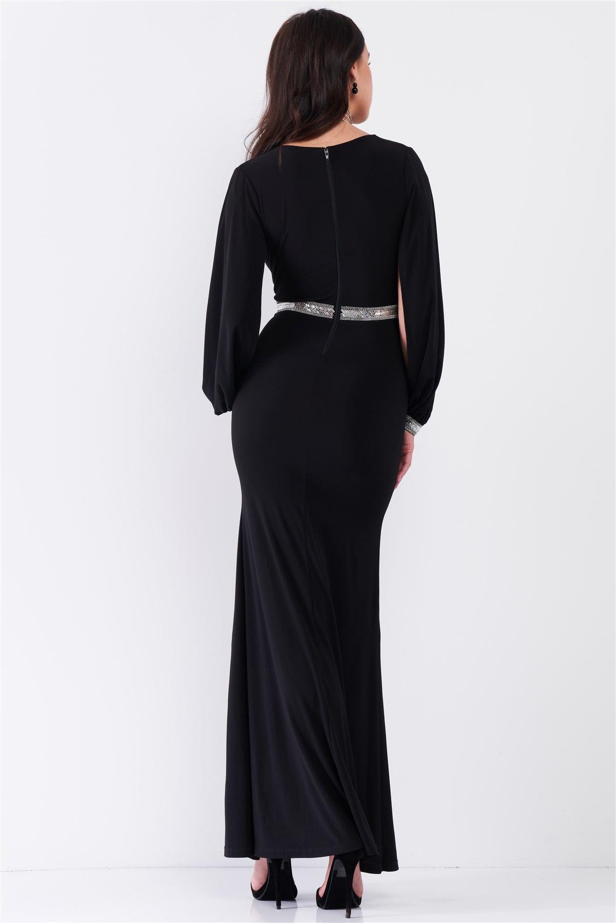 Black Deep Plunged V-Neck Long Slit Sleeve Rhinestone Decorated Waist And Wrist Side Slit Maxi Dress