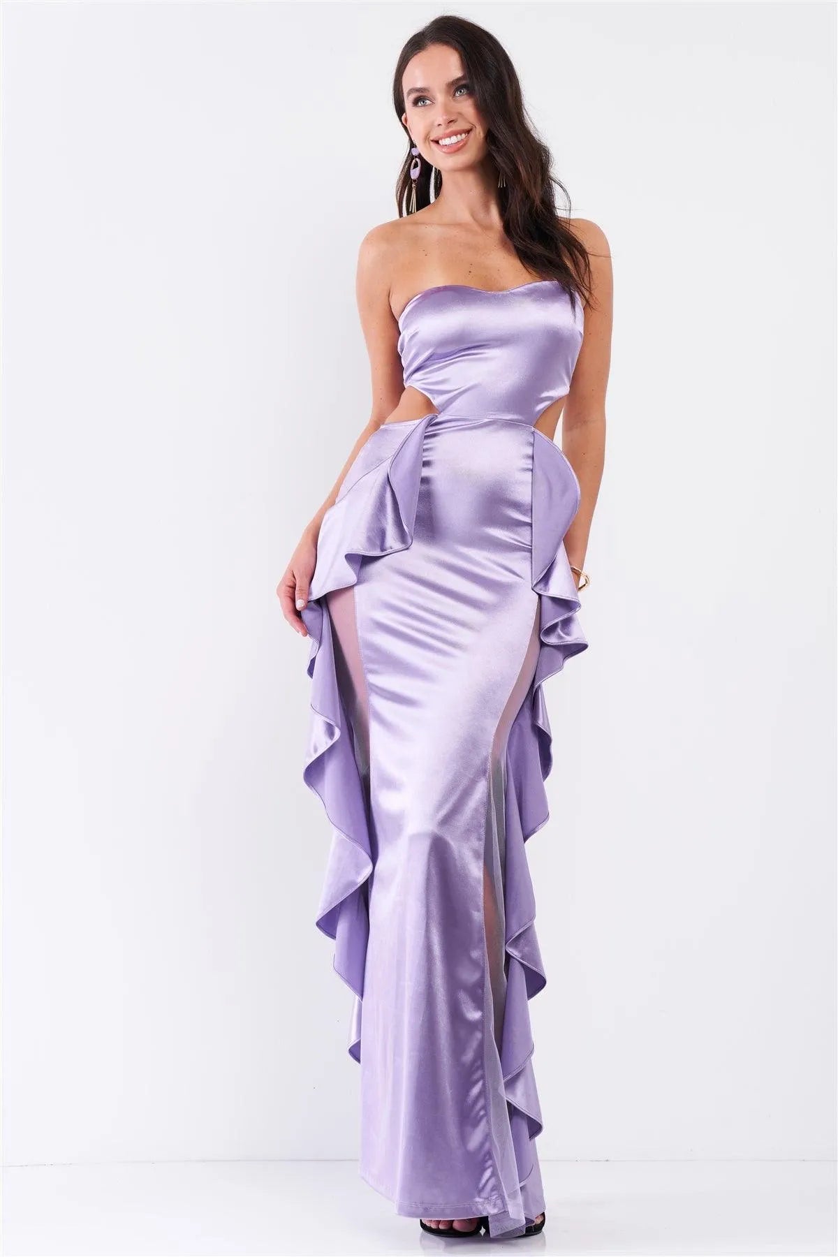 Lilac Satin Effect Sleeveless Sweetheart Neckline Open Back Ruffle Side Detail Maxi Dress /3-2-1 Lilac Satin Effect Sleeveless Sweetheart Neckline Open Back Ruffle Side Detail Maxi Dress /3-2-1