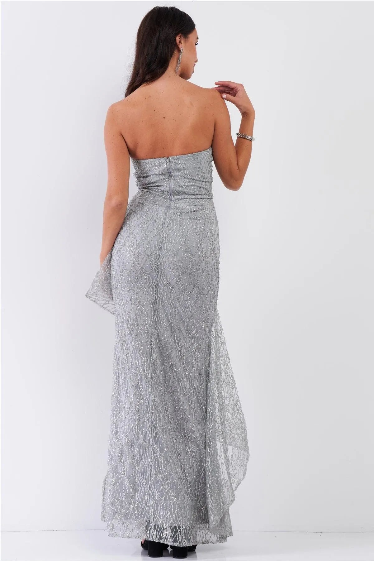 Frost Queen Silver Glitter Strokes Sleeveless Sweetheart Neckline Drape Trim Maxi Dress /3-2-1 - Tasha Apparel Wholesale