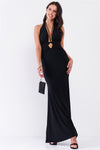 Black Halter Neck Front Cut Out Detail Ruched Self-Tie Long Straps Open Back Mermaid Maxi Dress