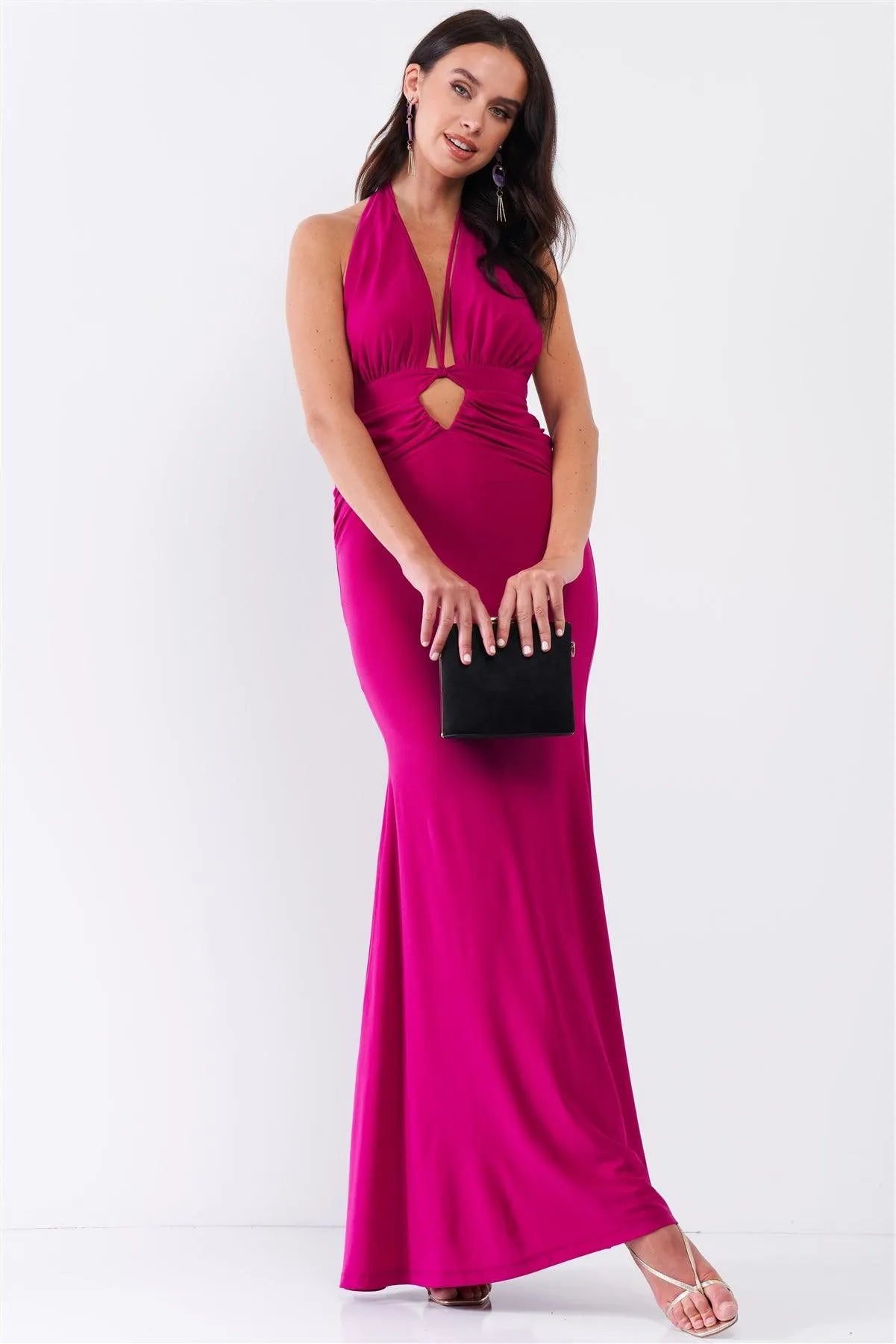 Magenta Halter Neck Front Cut Out Detail Ruched Self-Tie Long Straps Open Back Mermaid Maxi Dress /3-2-1 Magenta Halter Neck Front Cut Out Detail Ruched Self-Tie Long Straps Open Back Mermaid Maxi Dress /3-2-1