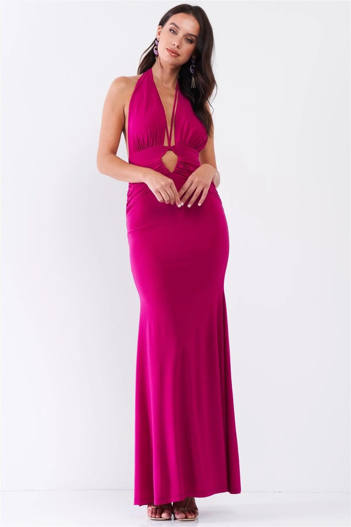 Magenta Halter Neck Front Cut Out Detail Ruched Self-Tie Long Straps Open Back Mermaid Maxi Dress /3-2-1 - Tasha Apparel Wholesale