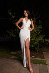 Pure White Sequin Sleeveless Deep Plunge Halter V-Neck Side Slit Detail Slim Maxi Dress