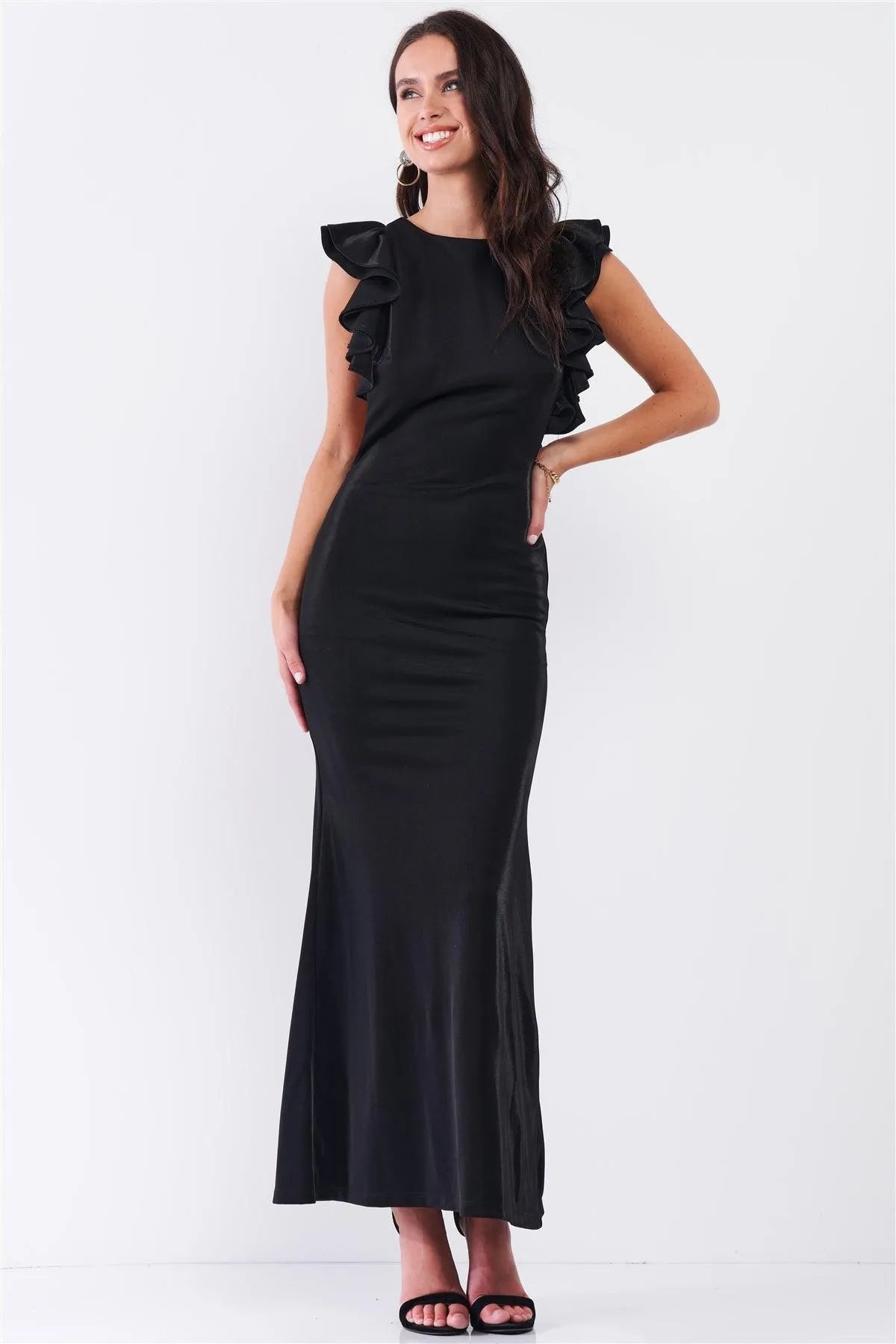 Black Sleeveless Cut-Out Armholes Ruffle Trim Fitted Maxi Dress /3-2-1 Black Sleeveless Cut-Out Armholes Ruffle Trim Fitted Maxi Dress /3-2-1