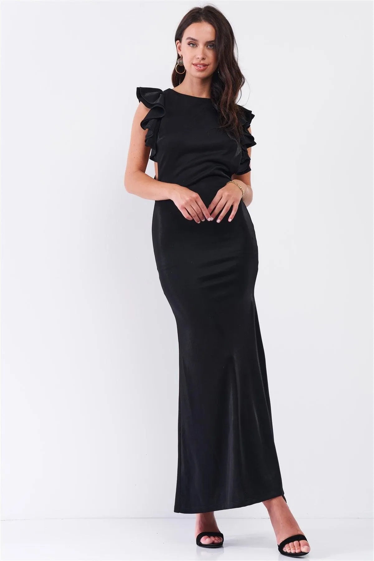 Black Sleeveless Cut-Out Armholes Ruffle Trim Fitted Maxi Dress /3-2-1 - Tasha Apparel Wholesale