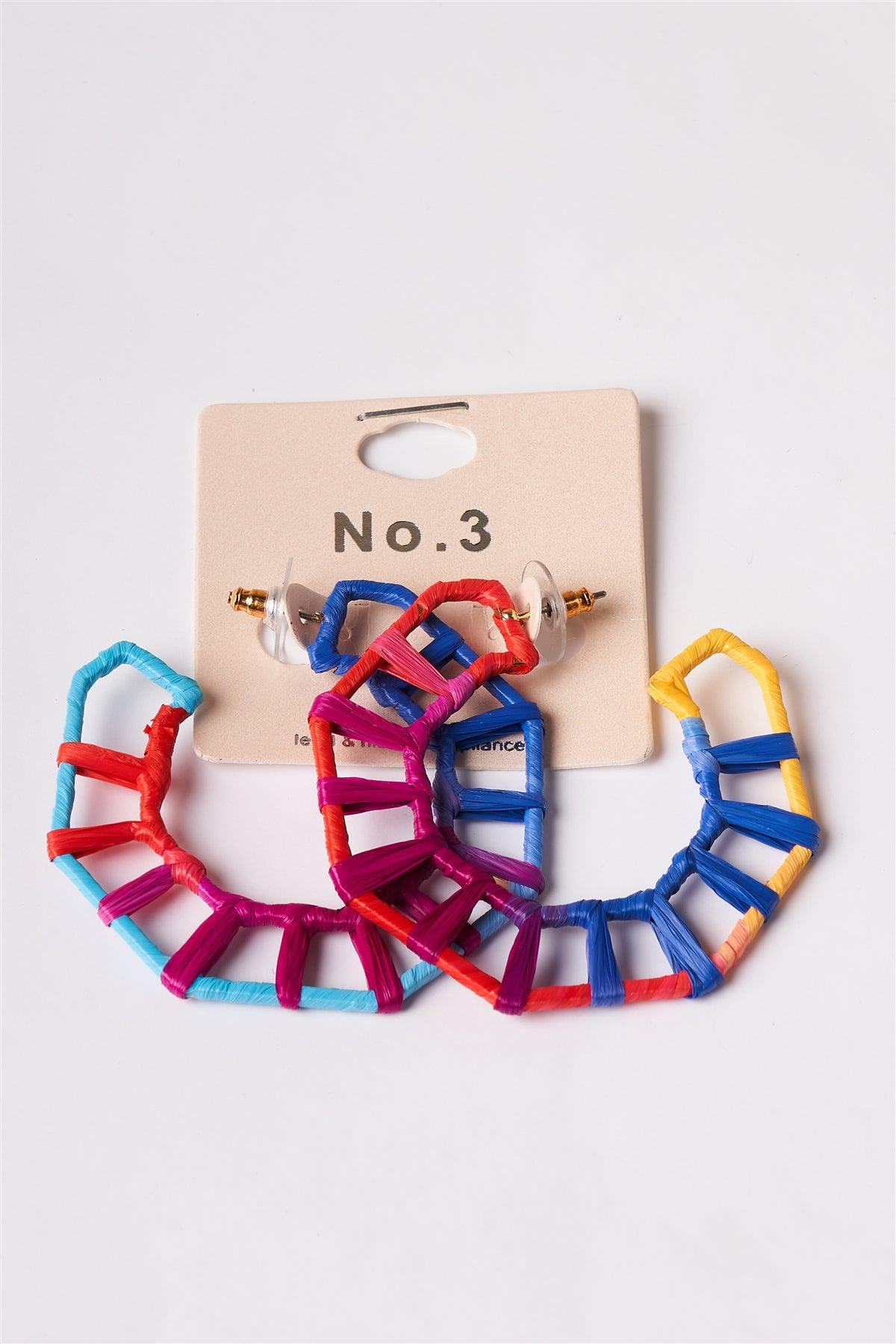 Geo Octagon Raffia Multi Colored Hoop Earrings /1 Pair