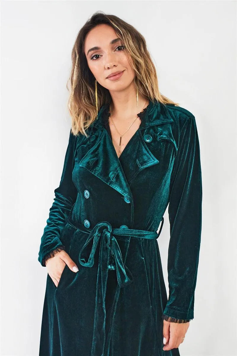 Hunter Green Velvet Long Sleeve Maxi Smoking Jacket - Tasha Apparel Wholesale