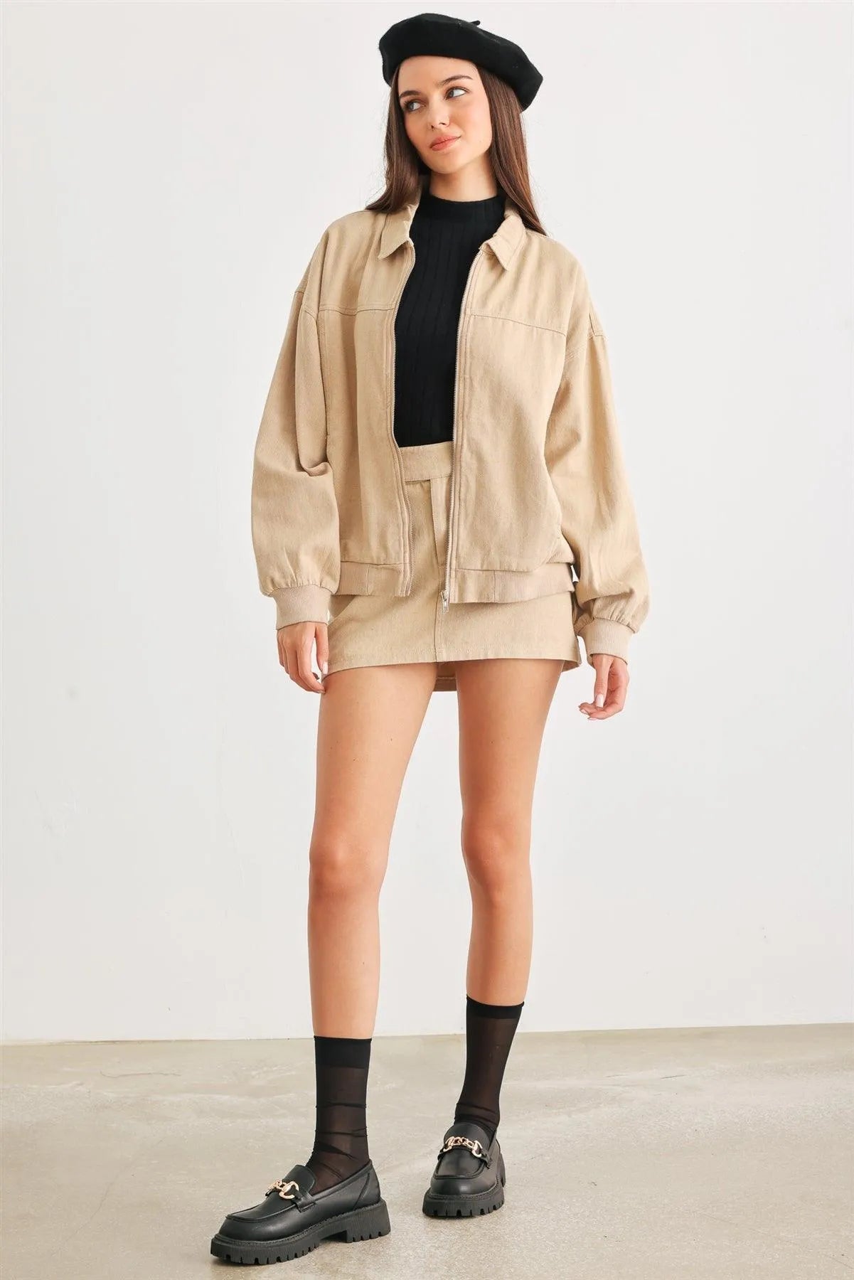Khaki Cotton Zip-Up Jacket & Mid Rise Mini Skirt Set /1-2-2-1 - Tasha Apparel Wholesale