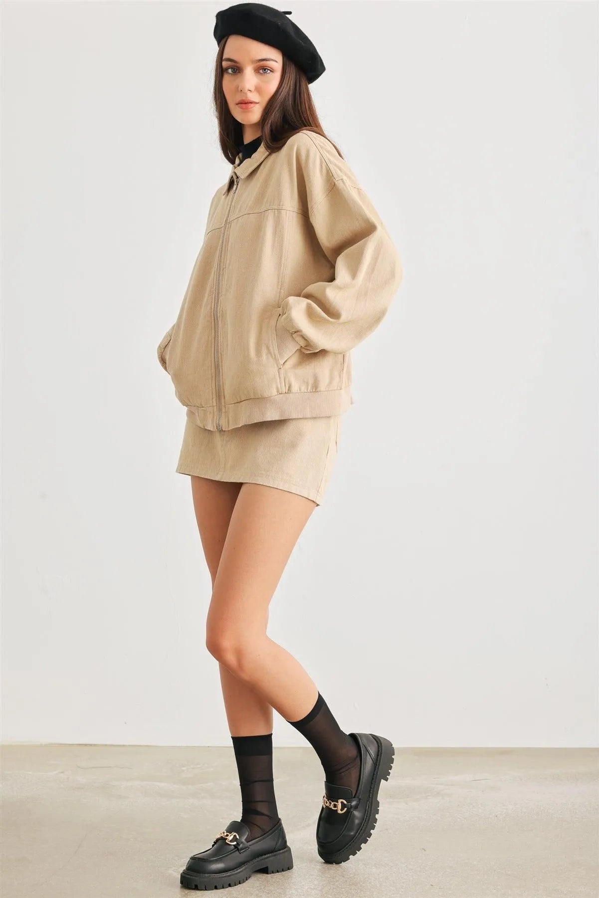 Khaki Cotton Zip-Up Jacket & Mid Rise Mini Skirt Set /1-3-1-1 - Tasha Apparel Wholesale