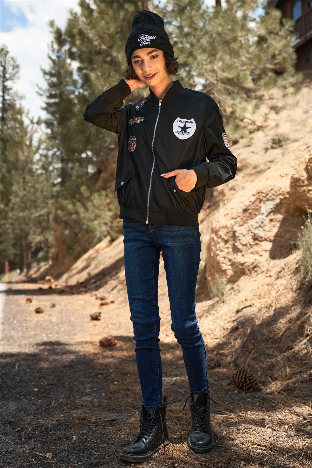 Aviator Black Retro Patches Long Sleeve Bomber Jacket /1-1-1 - Tasha Apparel Wholesale