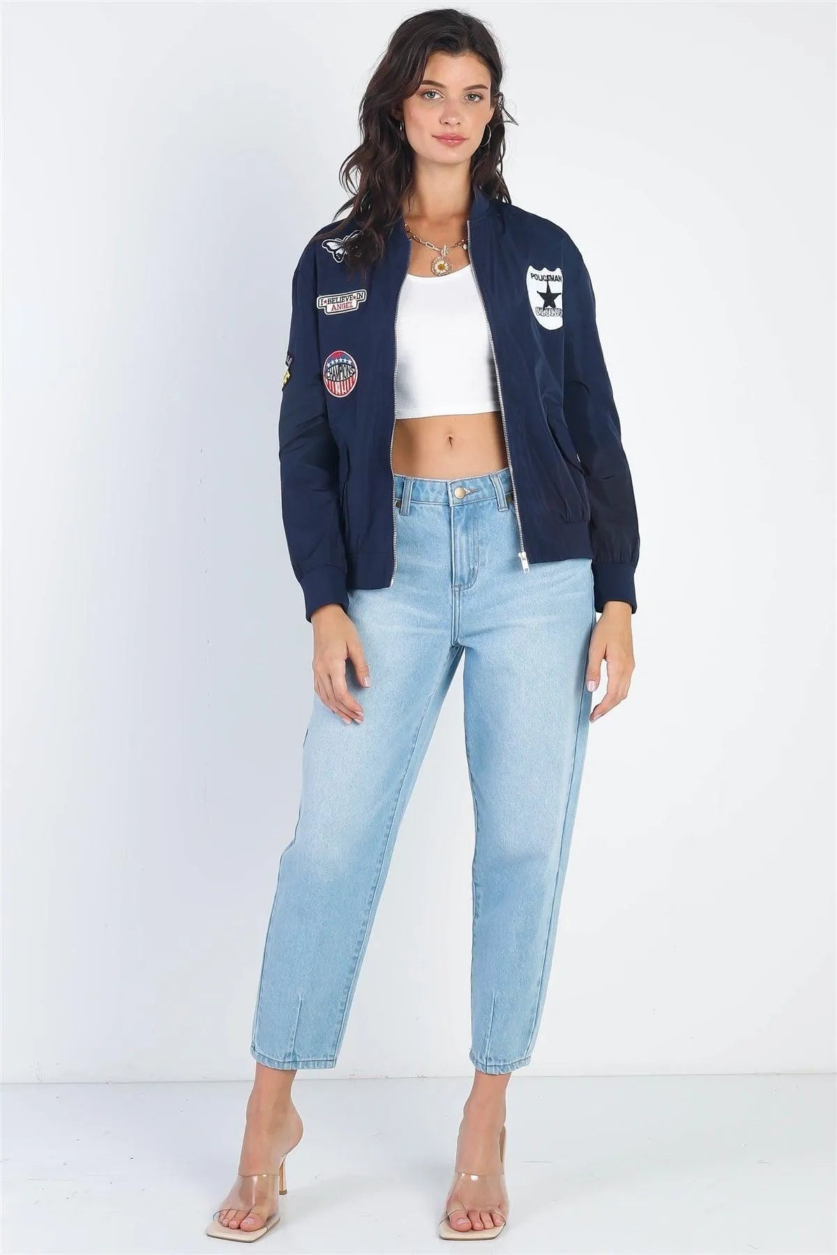 Aviator Navy Retro Patches Long Sleeve Bomber Jacket /1-1-1 - Tasha Apparel Wholesale