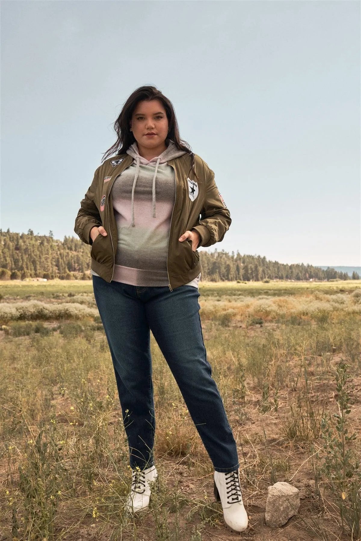 Junior Plus Aviator Military Green Retro Patches Long Sleeve Front Zipper Bomber Jacket /1-1-1 - Tasha Apparel Wholesale