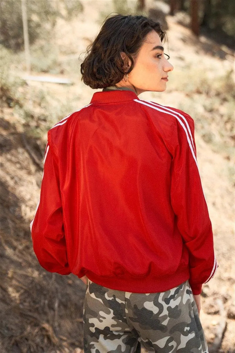 Junior Plus Size Red & White Retro Le Mans Stripe Trim Sporty Windbreaker Bomber Jacket /1-1-1 - Tasha Apparel Wholesale