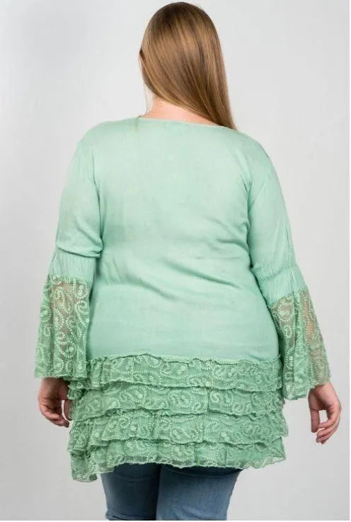 Boho Mint Plus Size Lace Hem V Neck Tunic Top - Tasha Apparel Wholesale