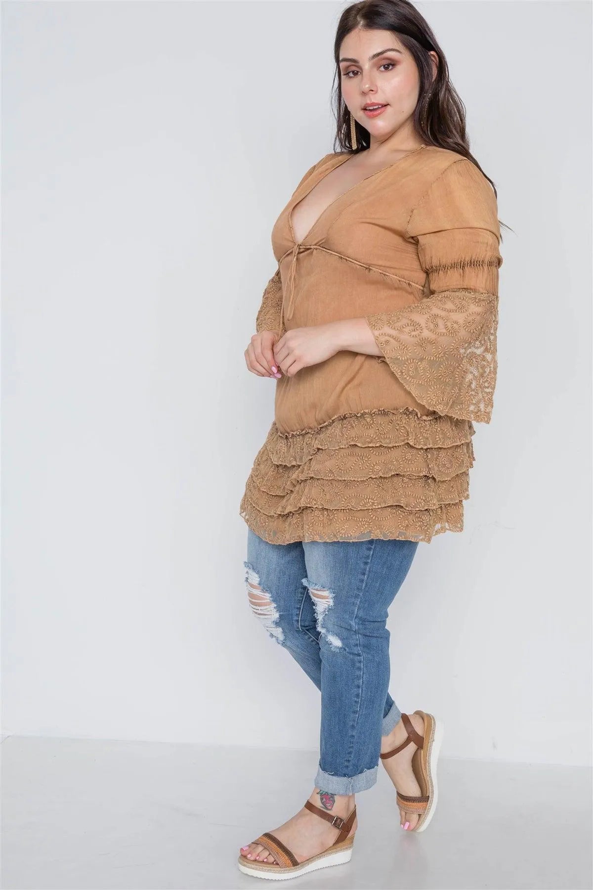 Boho Mocha Plus Size Lace Hem V Neck Tunic Top - Tasha Apparel Wholesale