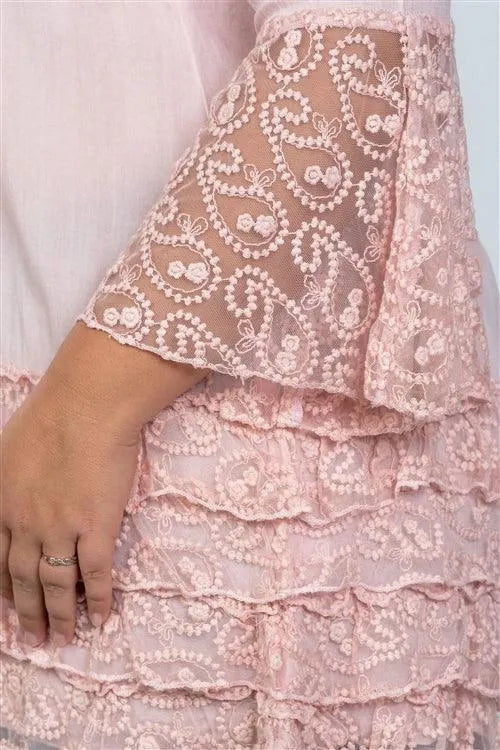 Pink Boho Plus Size Lace Hem V Neck Tunic Top /1-2-3 - Tasha Apparel Wholesale