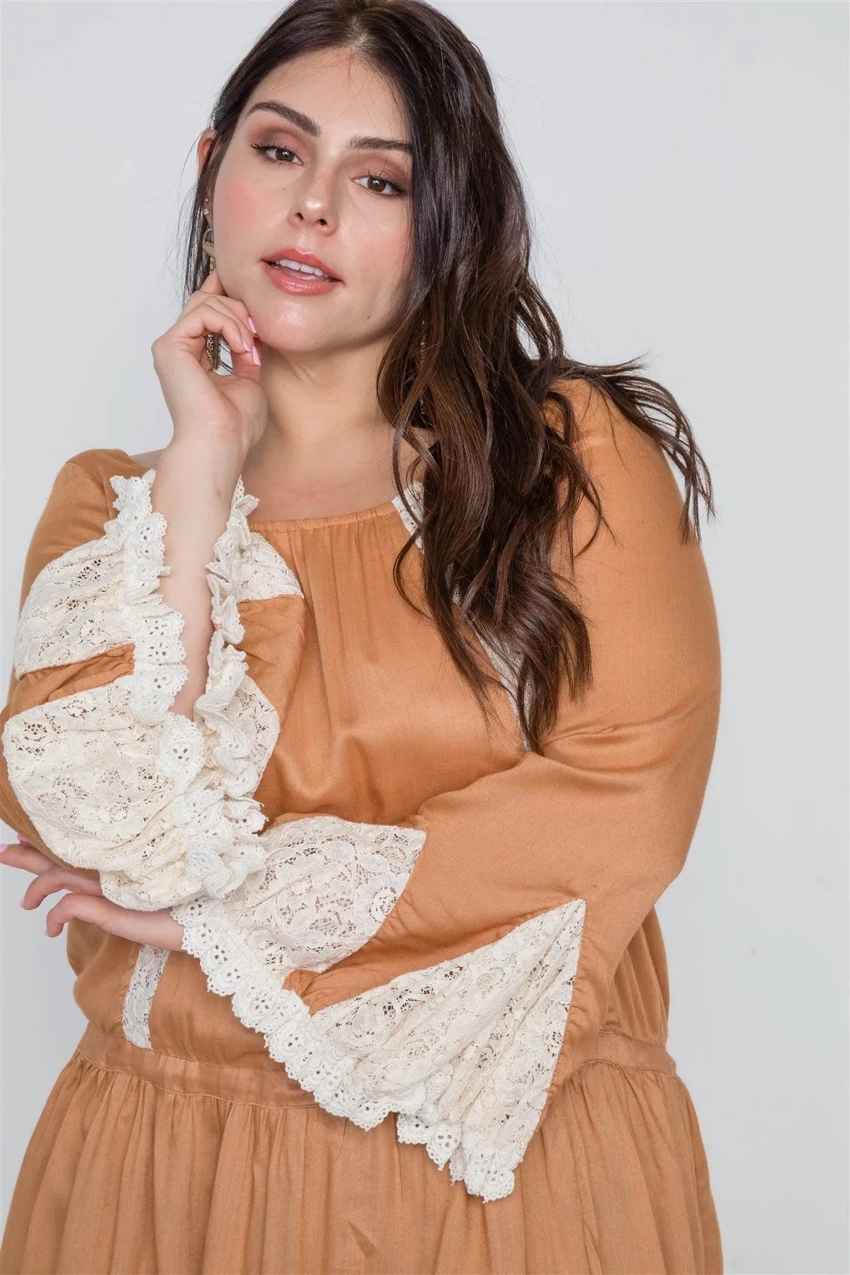 Plus Size Mocha Bell Sleeves Boho Top /3-2 - Tasha Apparel Wholesale