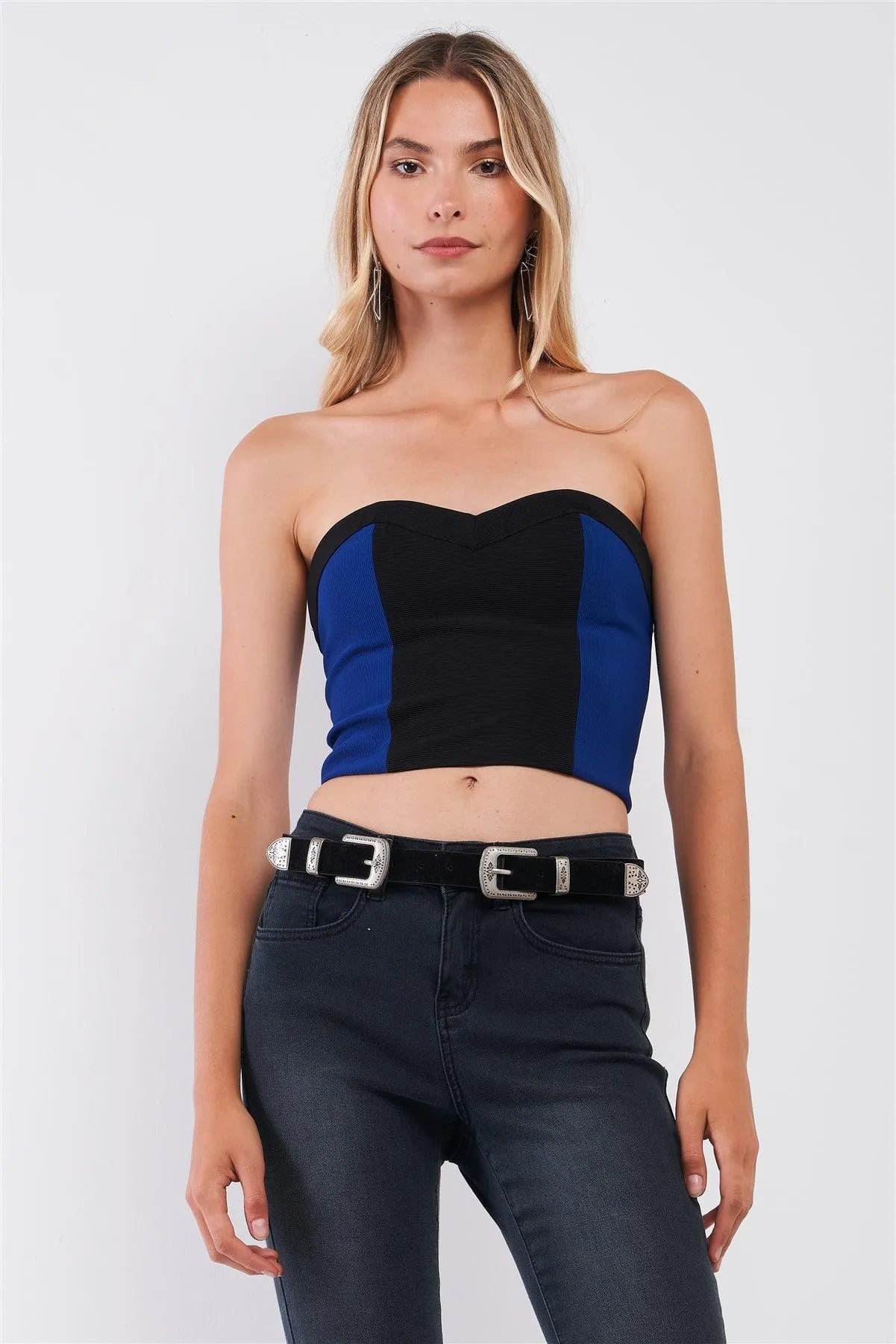 Black & Blue Colorblock Sweetheart Strap/Strapless Convertible Cropped Top /1-2-2-1 - Tasha Apparel Wholesale