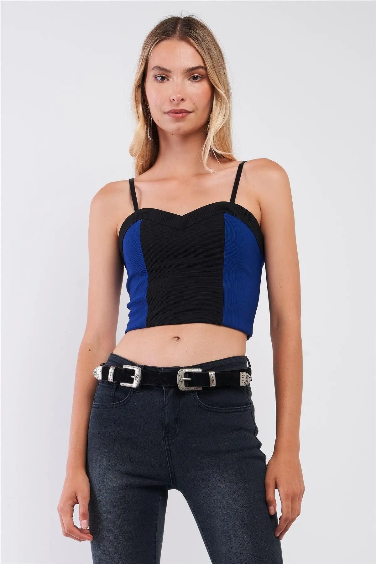 Black & Blue Colorblock Sweetheart Strap/Strapless Convertible Cropped Top /1-2-3 - Tasha Apparel Wholesale
