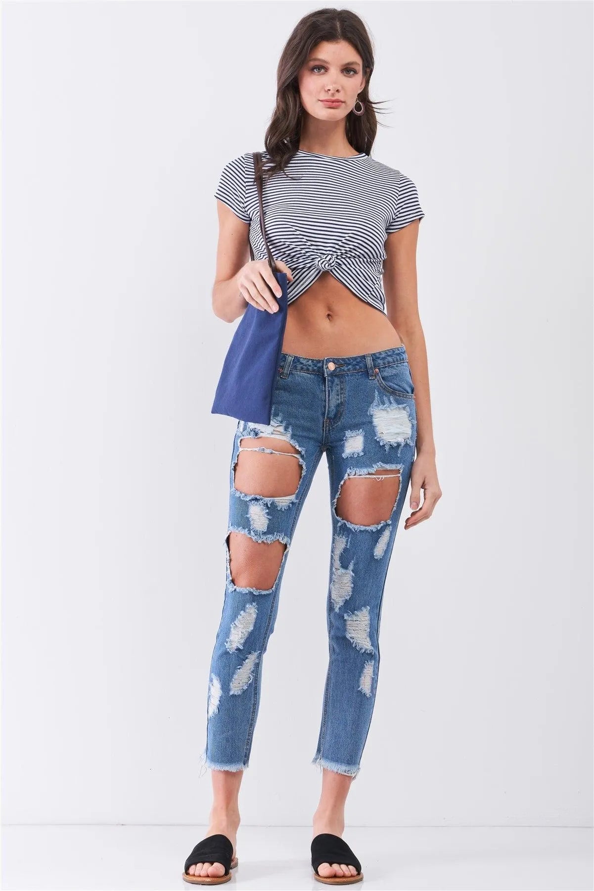 Medium Blue Ripped Destroyed Low-Mid Rise Denim Jeans - Tasha Apparel Wholesale