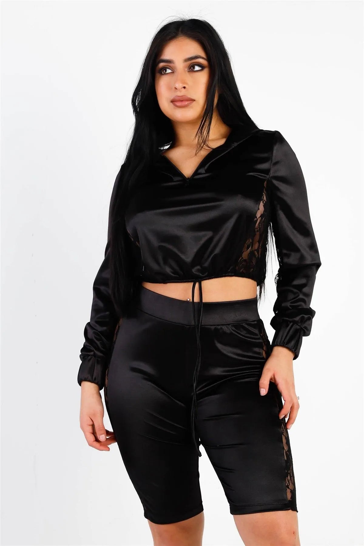 Black Satin Lace Details Long Sleeve Hooded Crop Top & Biker Short Set /2-2-2 - Tasha Apparel Wholesale