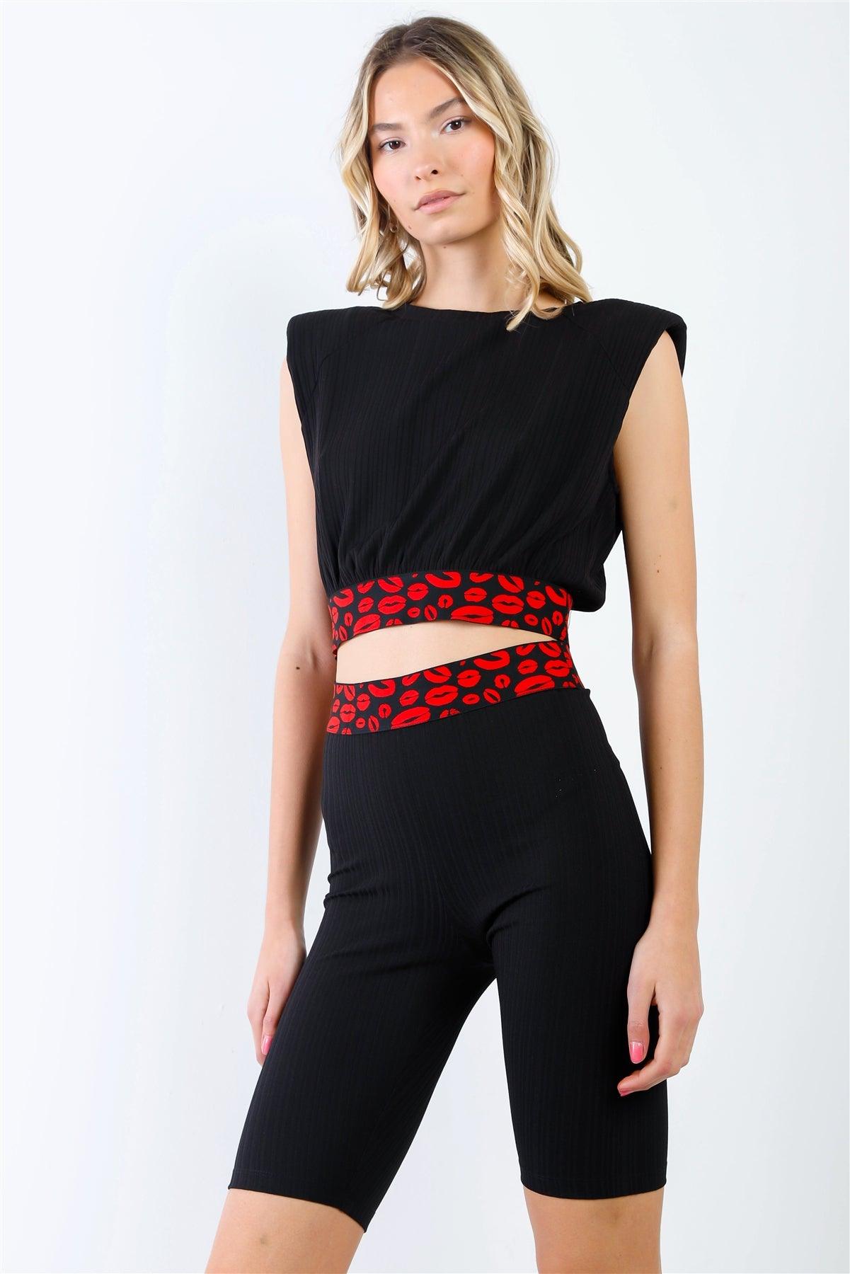 Black Cotton Ribbed "Kisses" Print Details Shoulder Pad Sleeveless Crop Top & Biker Shorts Set /2-2-2 - Tasha Apparel Wholesale