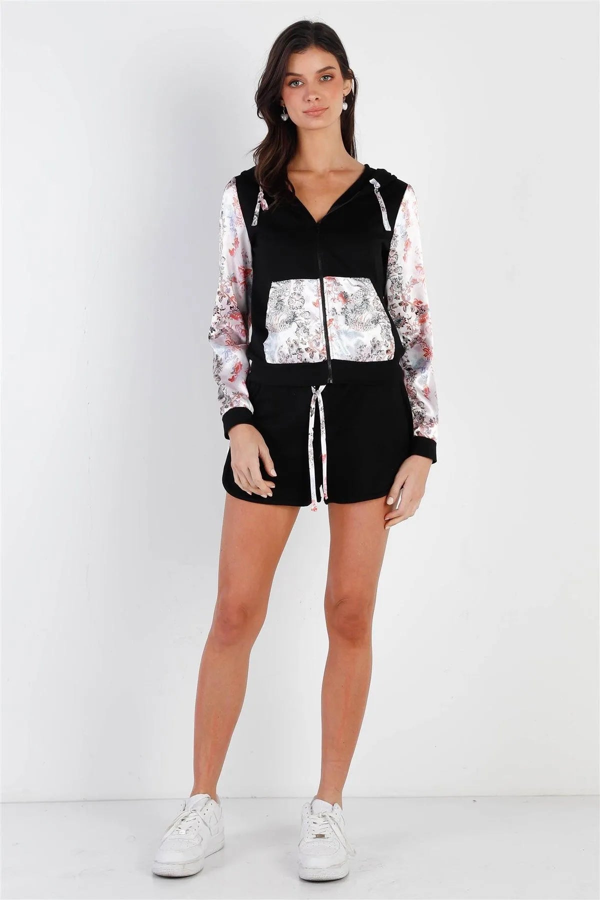 Black & Multi Color Print Colorblock Zip-Up Hooded Top & Short Set /2-2-2 - Tasha Apparel Wholesale