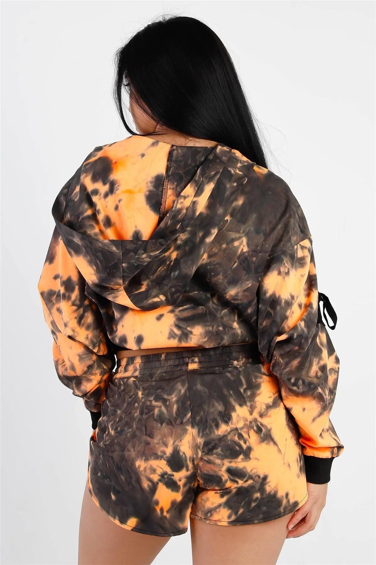 Orange & Black Tie-Dye Zip-Up Tie Sleeve Detail Hooded Crop Top & Short Set /2-2-2 - Tasha Apparel Wholesale