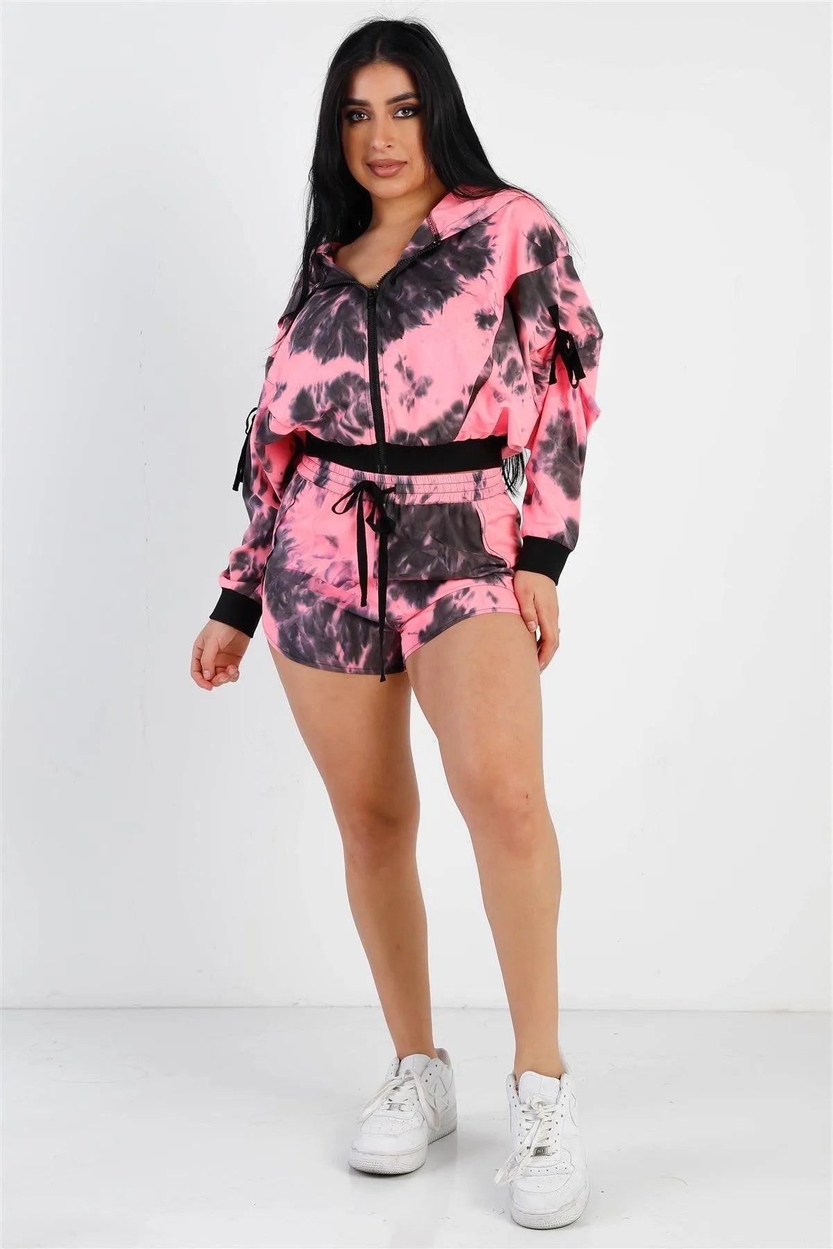Pink & Black Tie-Dye Zip-Up Tie Sleeve Detail Hooded Crop Top & Short Set /2-2-2 - Tasha Apparel Wholesale