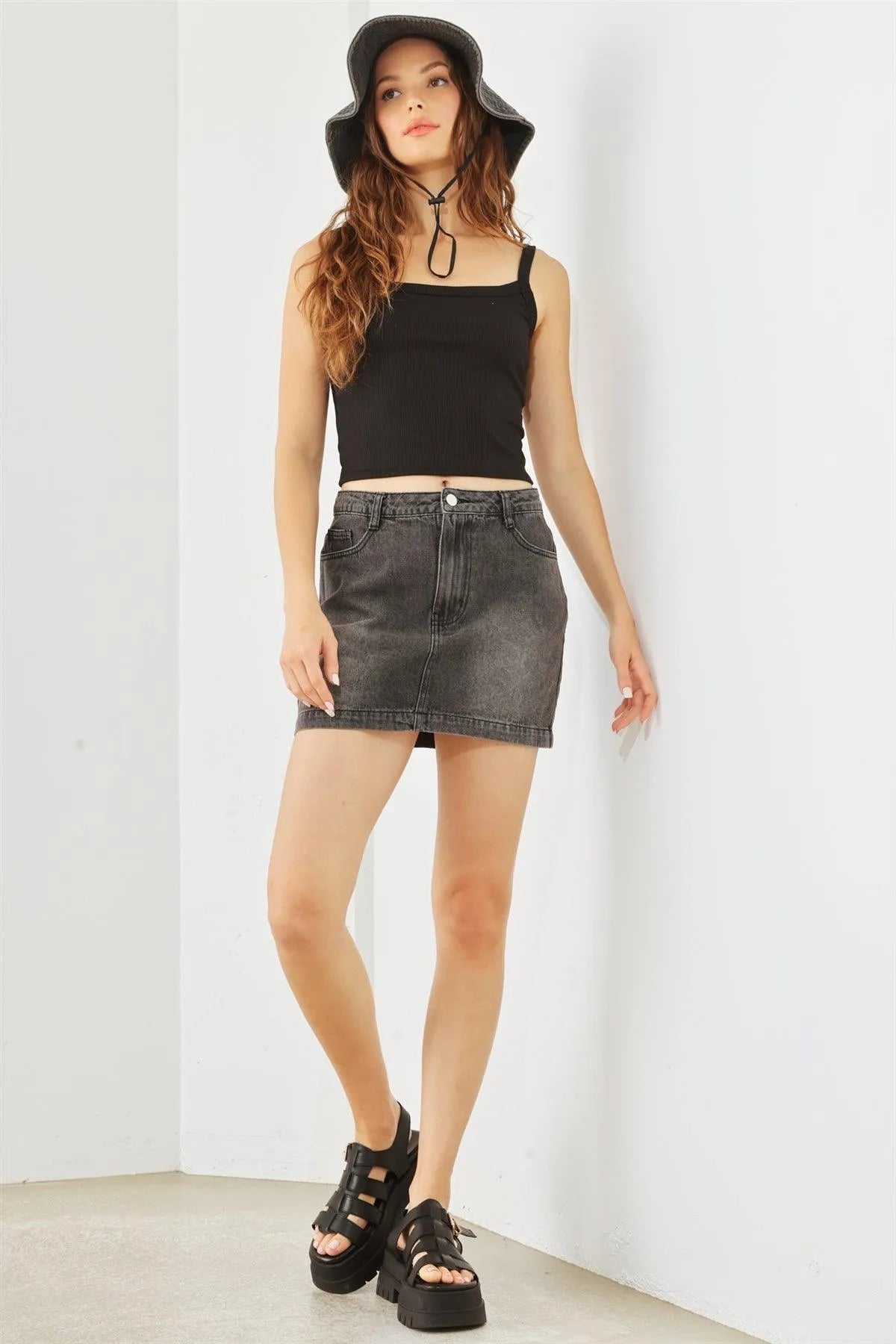 Black Denim Cotton Five Pocket High Waist Mini Skirt /3-2-1 - Tasha Apparel Wholesale