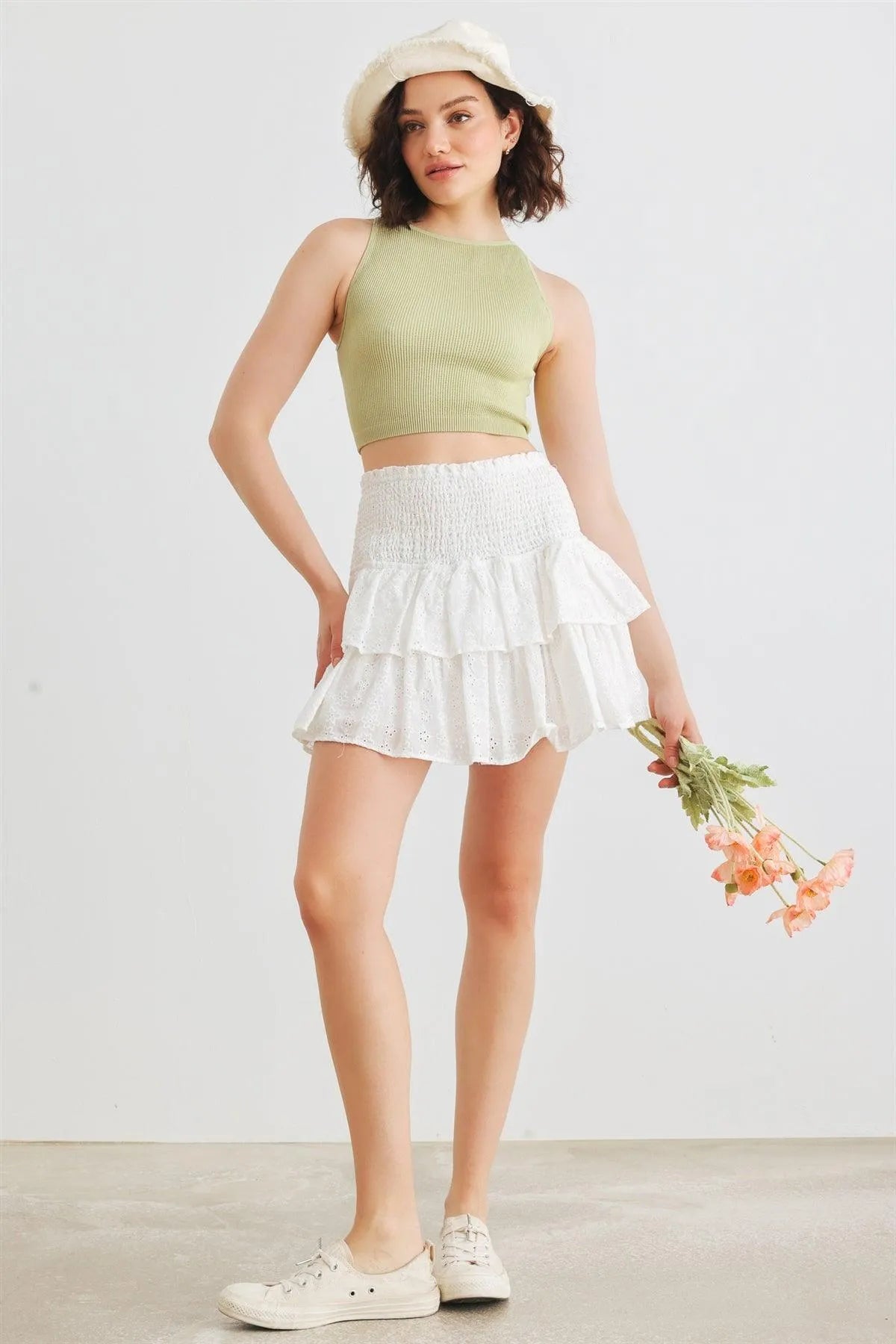 White Floral Cotton Smocked Tiered Mini Skirt /1-3-2-1 - Tasha Apparel Wholesale